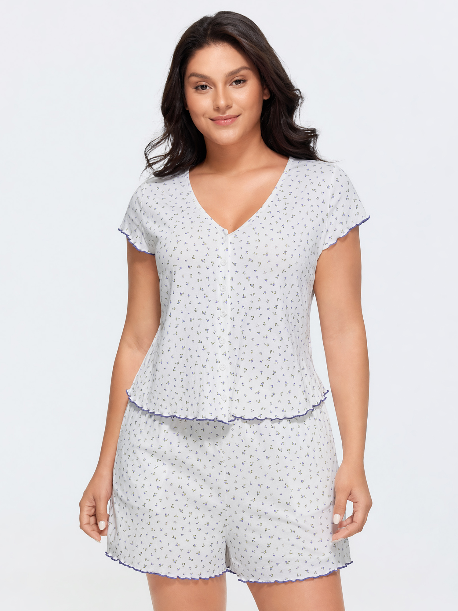 BloomChic Women's Plus Size Supersoft Floral Print V-Neck Pajama Set Originalwhite 12/L-image-48588982911146