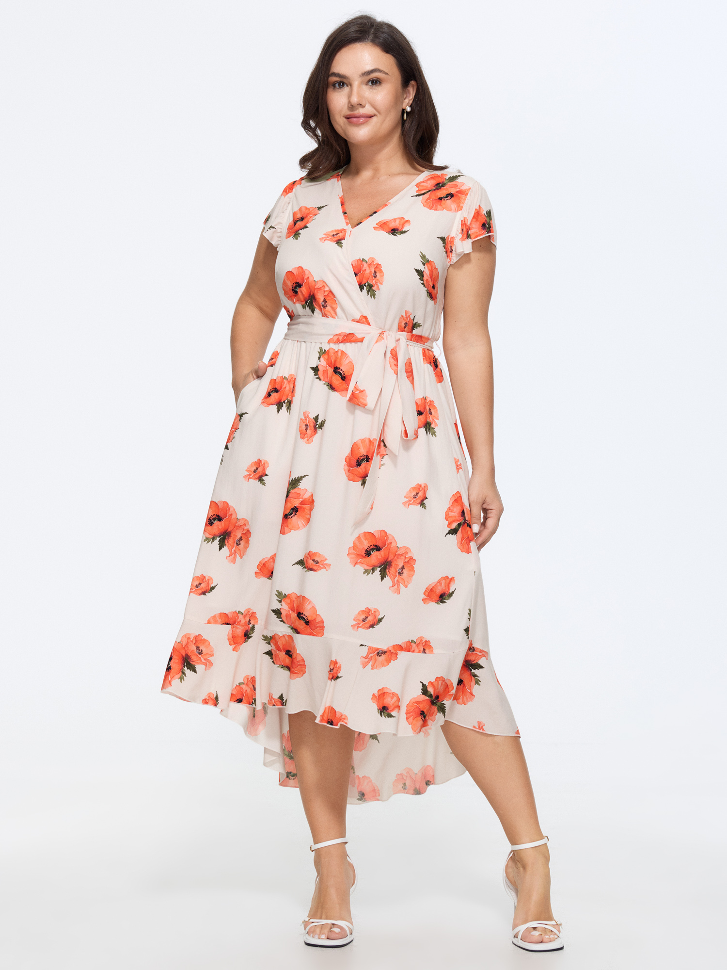 BloomChic Women's Plus Size Floral Print Wrap A-Line Midi Dress Ivory Floral Tunic Everyday-Elegant Wrap / Overlap 10/M