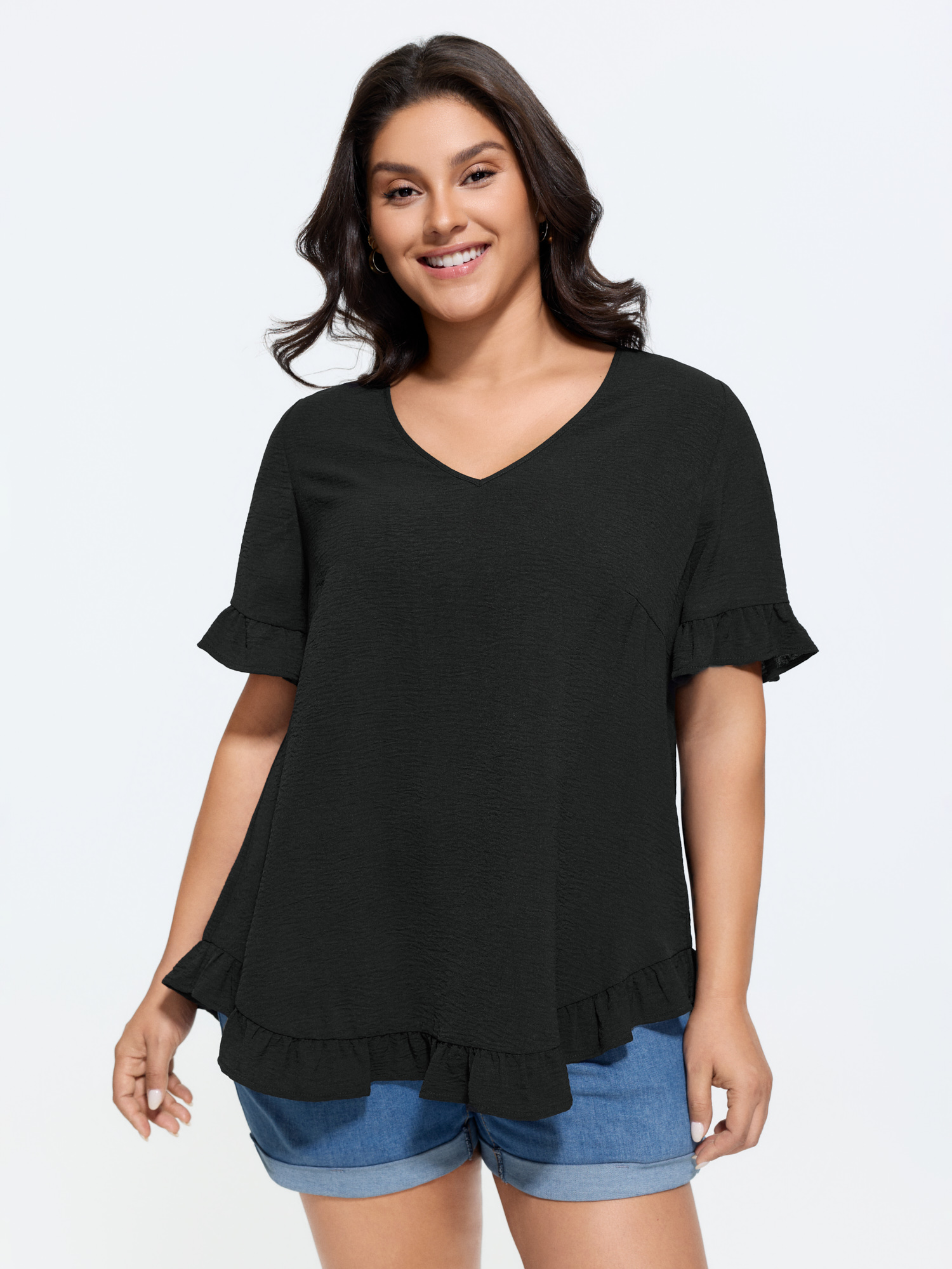 BloomChic Women's Plus Size Lace Panel Ruffle Trim Button Detail Blouse Black Solid Everyday-Casual Short sleeve V-Neck 10/M
