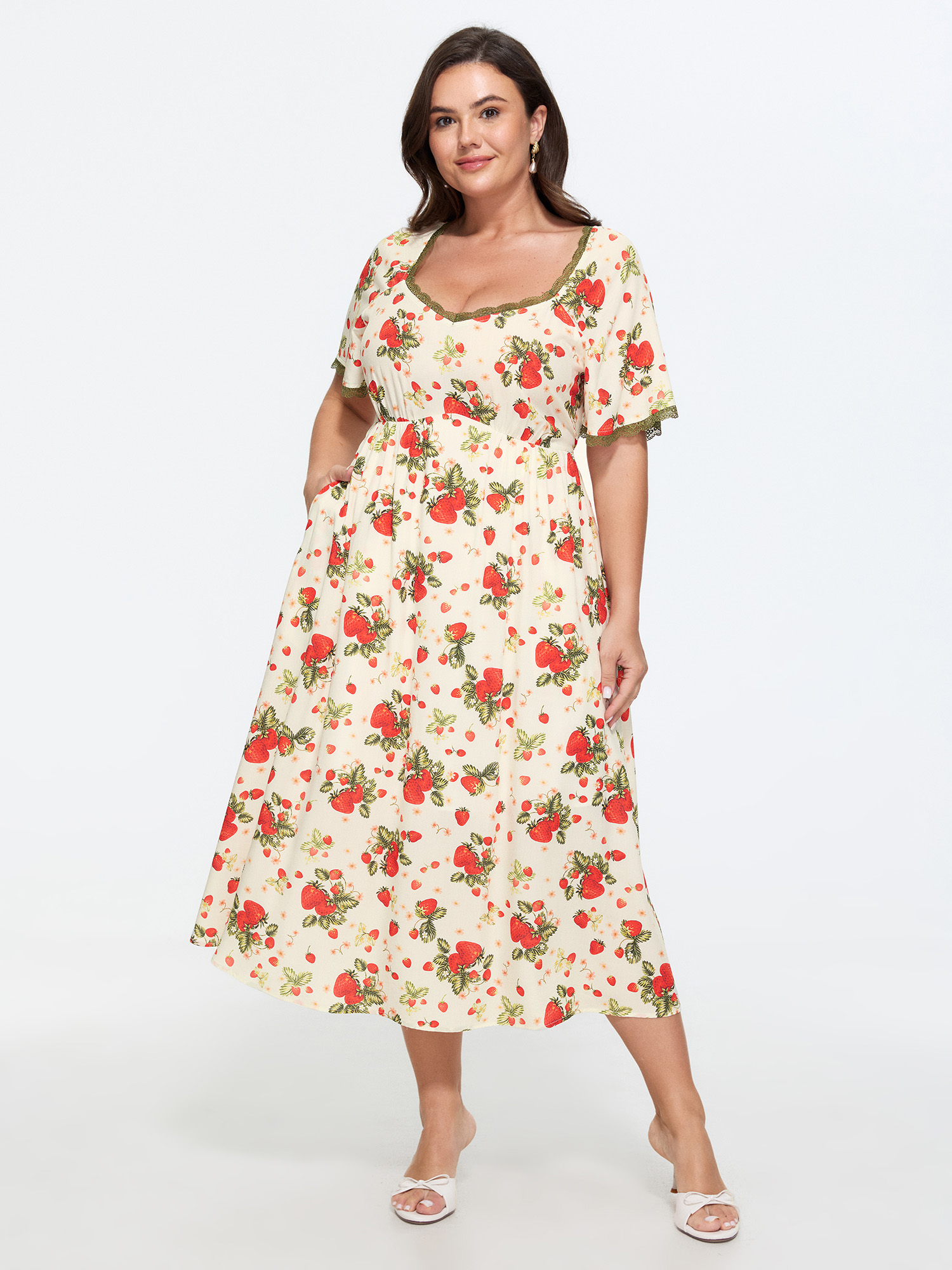 Bloomchic Floral Print Lace Detail Pockets Midi Dress In Beige