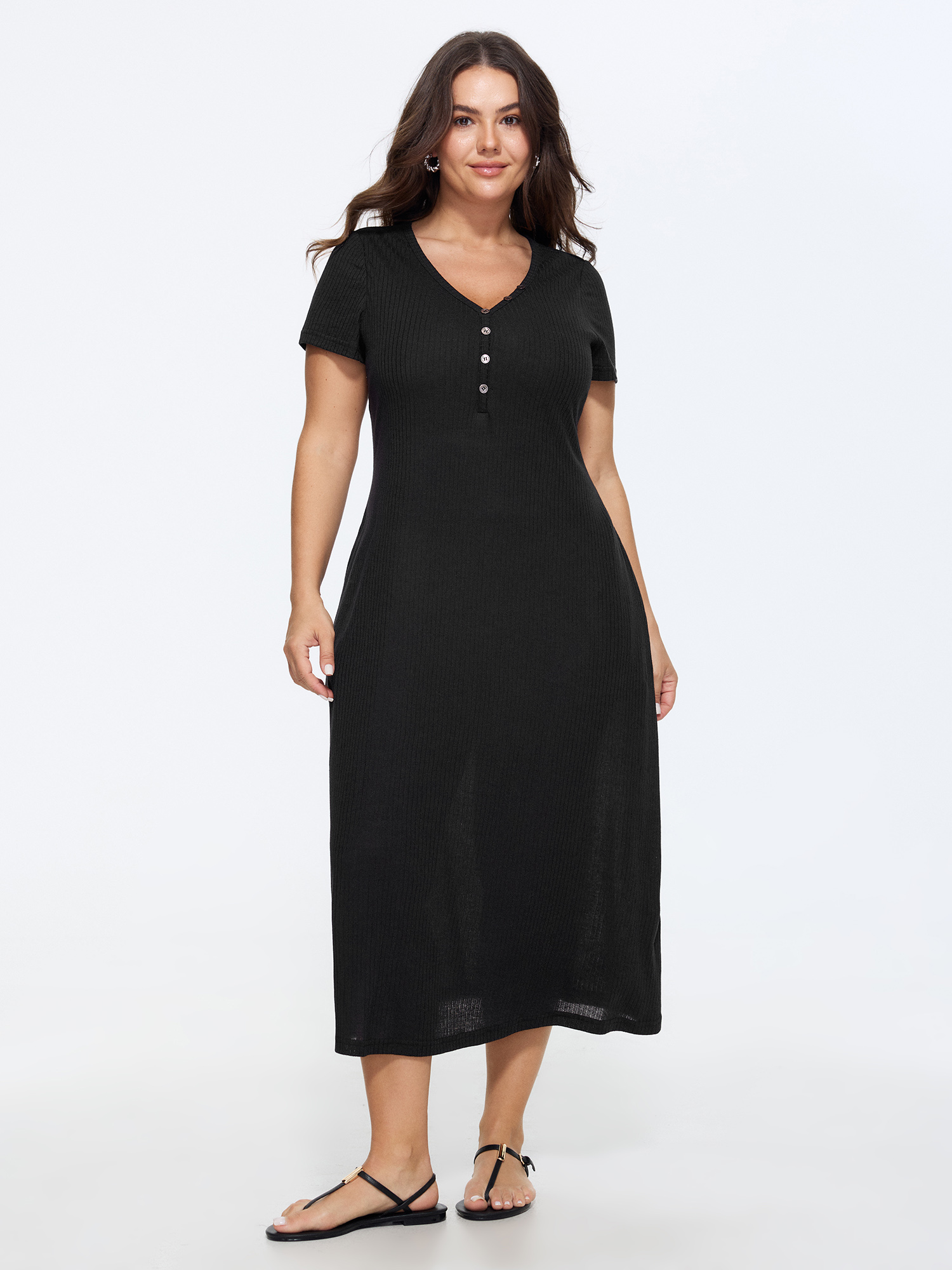 BloomChic Women's Plus Size Supersoft Ribbed V-Neck Midi Knit Dress Black Everyday-Casual Midi Button Front V-Neck 30/6X
