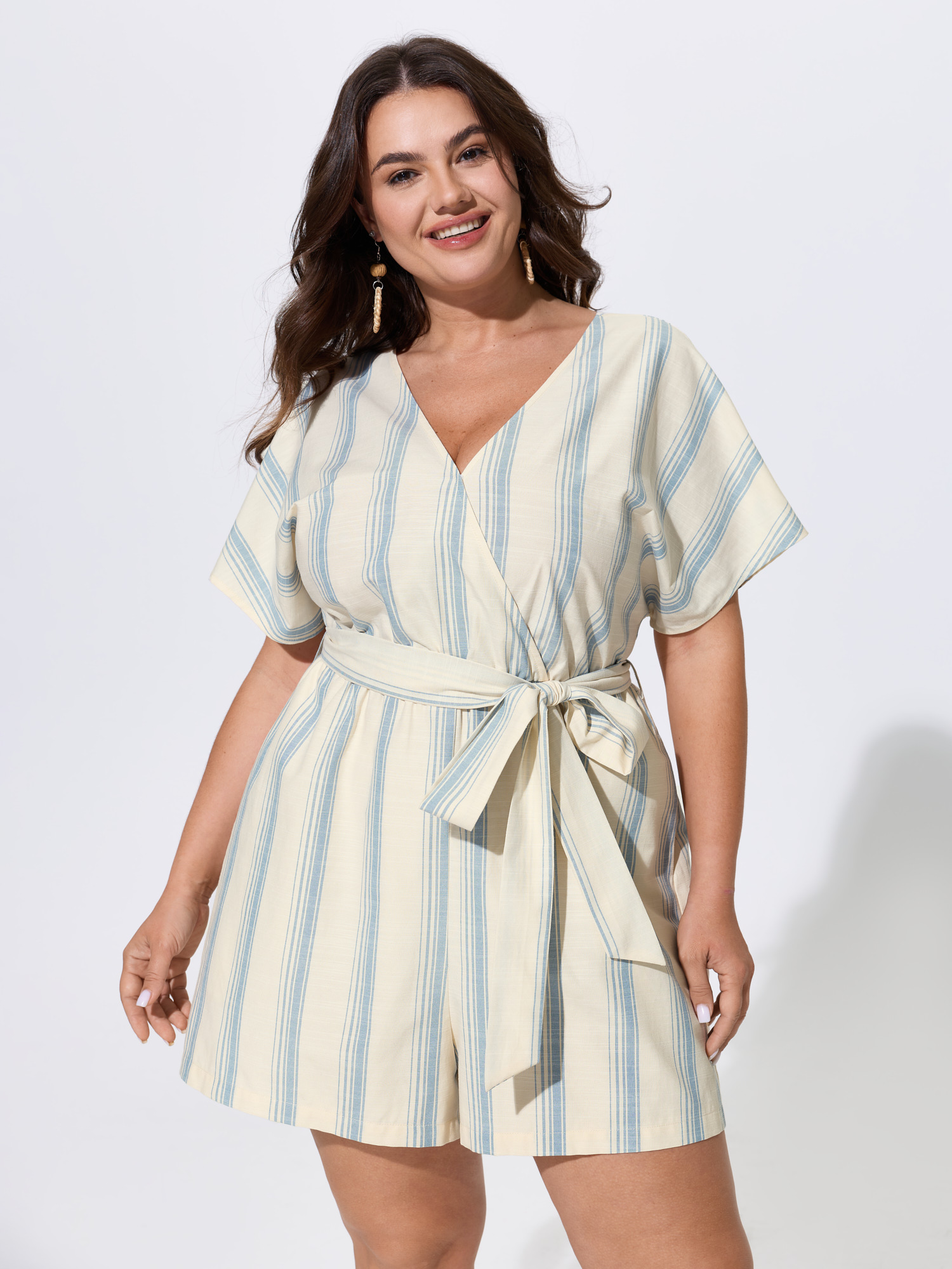 BloomChic Women's Plus Size Striped Print Stretchy Waist-Tie Romper LightBlue Vacation 14-16/1X-image-48767599411370