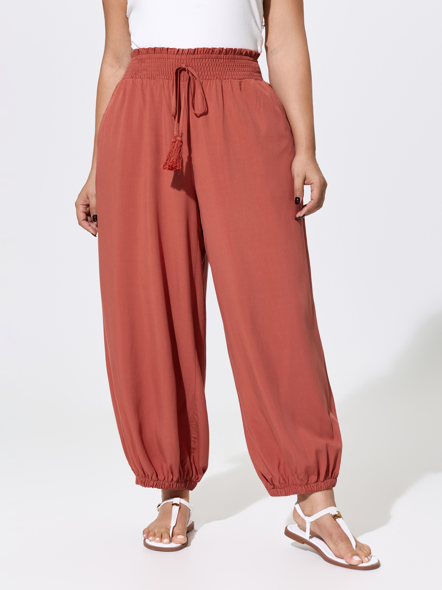 BloomChic Women's Plus Size Shirred Drawstring Waistline Jogger Pants Rust Solid Jogger Mid Rise 14-16/1X