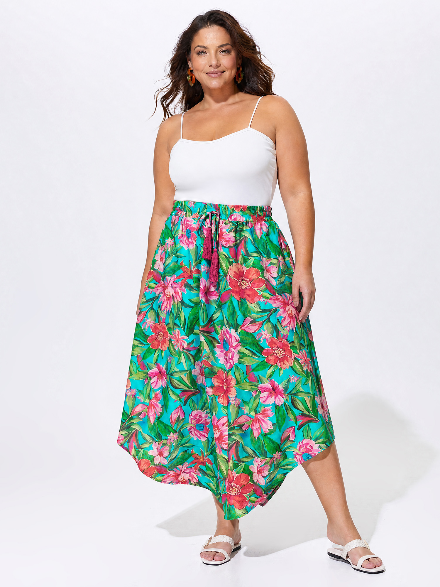 Side view of BloomChic Women's Plus Size Floral Print Drawstring Waist Arc Hem Maxi Skirt Emerald Wide Waistband Flared Vacation 30/6X