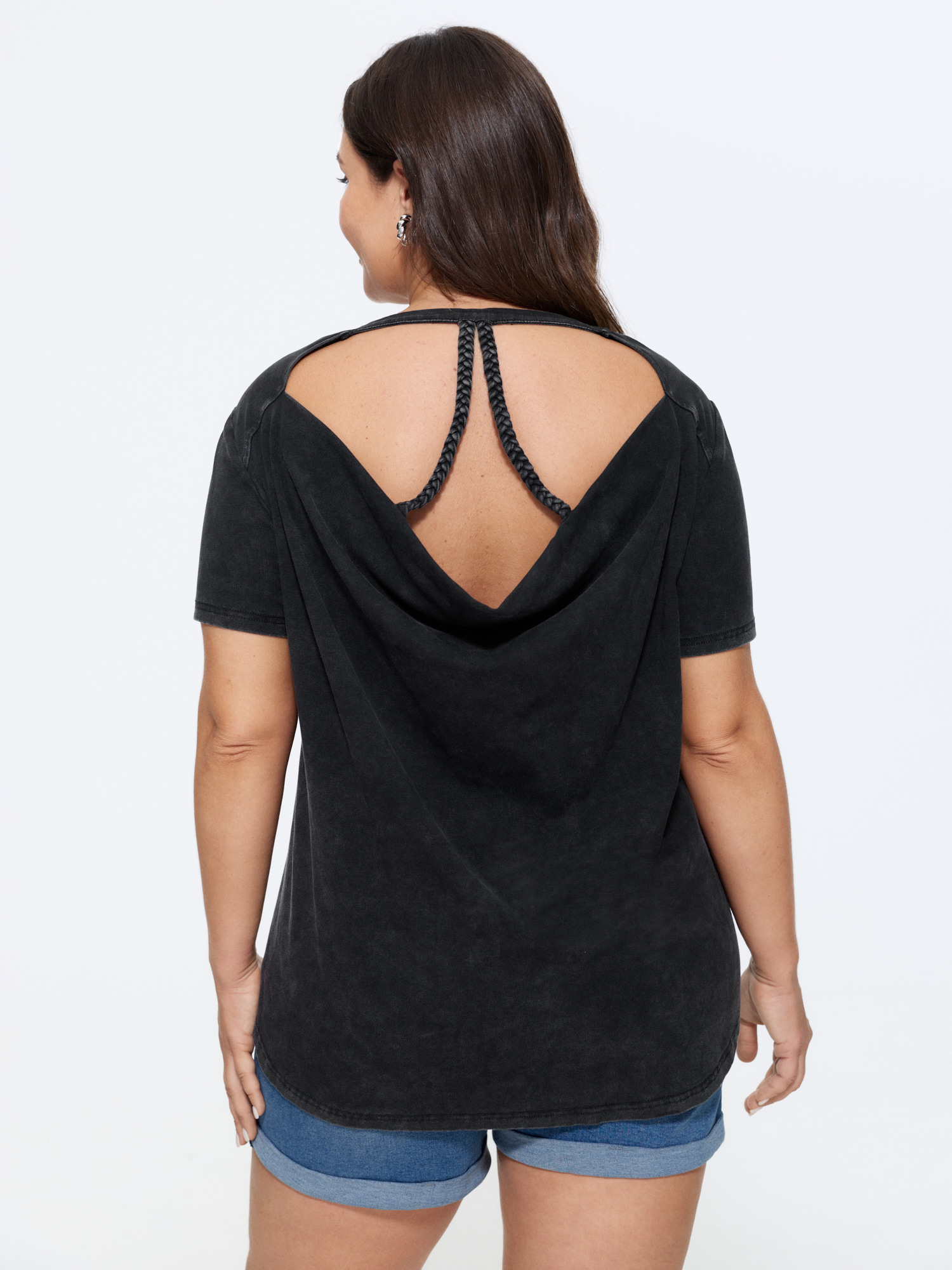 BloomChic Women's Plus Size Cotton Textured Backless Ties Plain Knit Top Acidwashblack Short sleeve Everyday-Casual Round Neck 18-20/2X