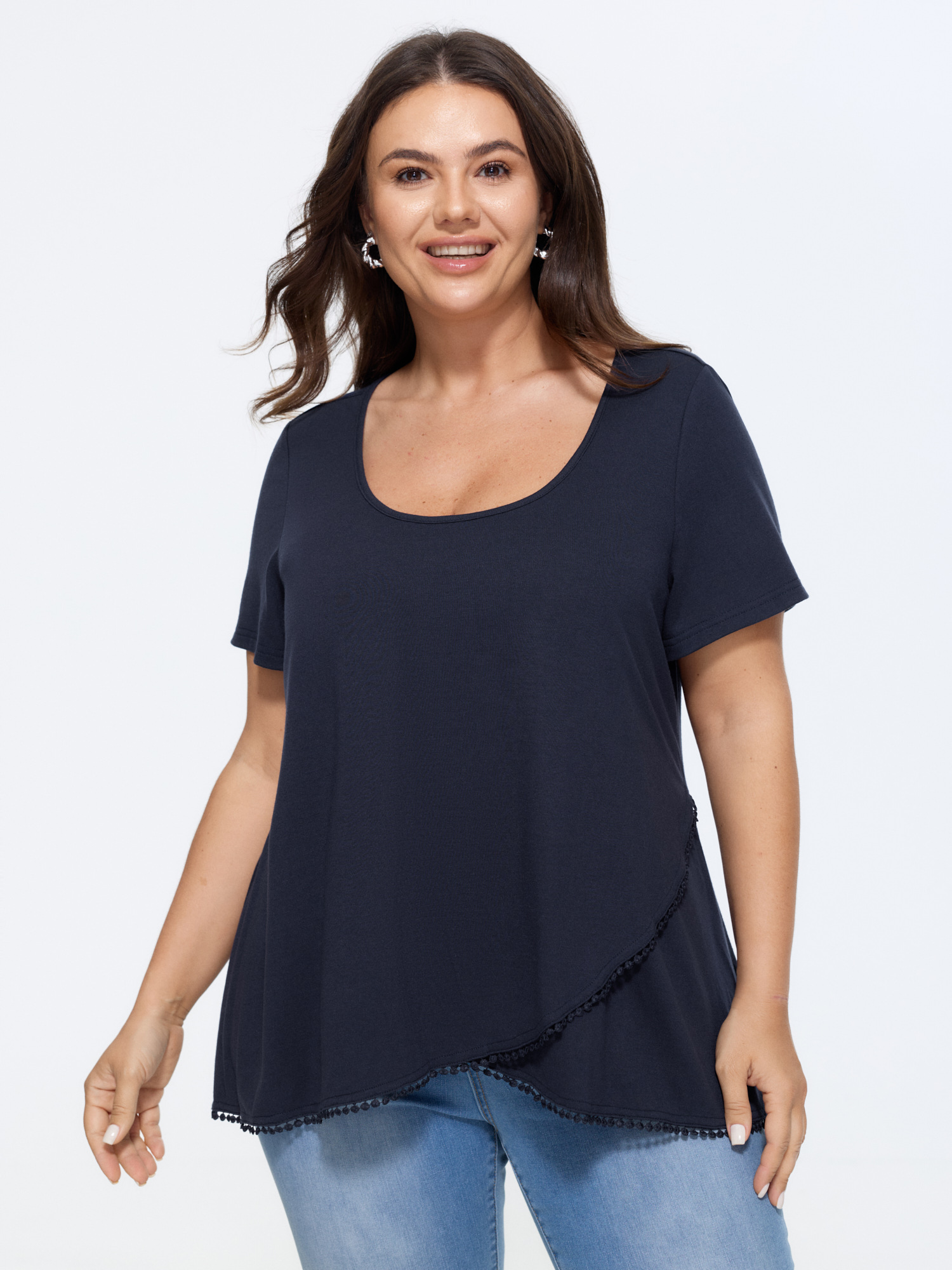 BloomChic Women's Plus Size Supersoft Overlap Hem Plain T-Shirt Ocean Solid Everyday-Casual Short sleeve Round Neck 10/M