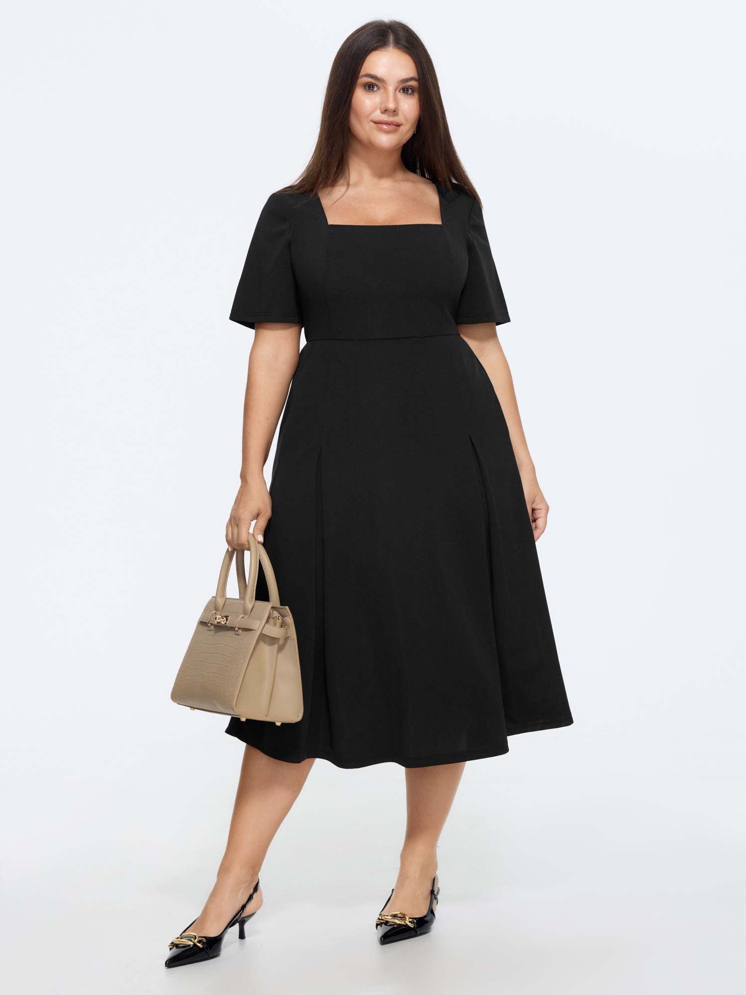 BloomChic Women's Plus Size Classic Square Neckline Plain Midi Dress Black Solid Midi Office Smocked 18-20/2X