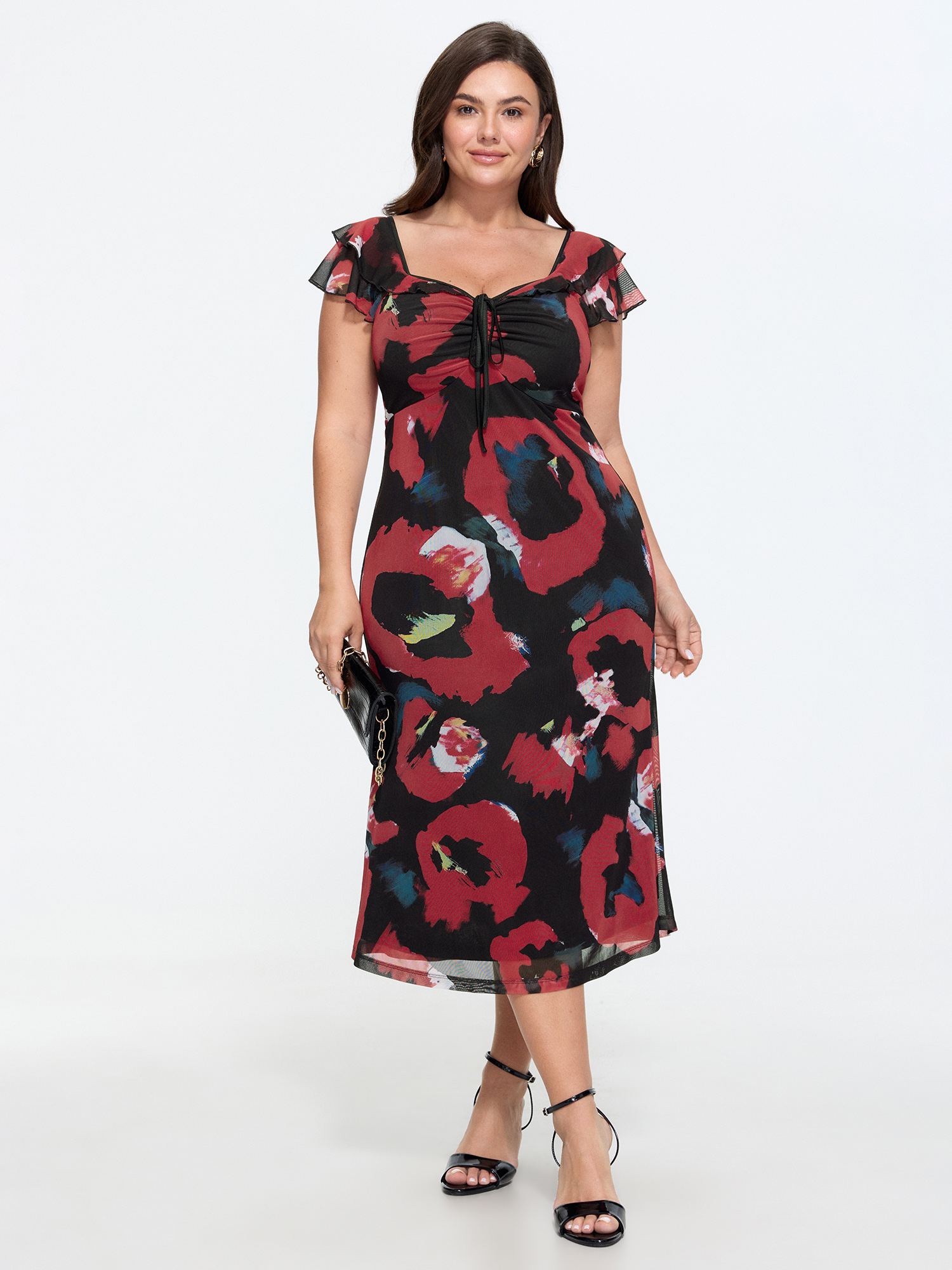 BloomChic Women's Plus Size Abstract Print Mesh Ruffle Sleeves Midi Dress BlackFlower Ripple Midi Everyday-Elegant Lace-Up 10/M