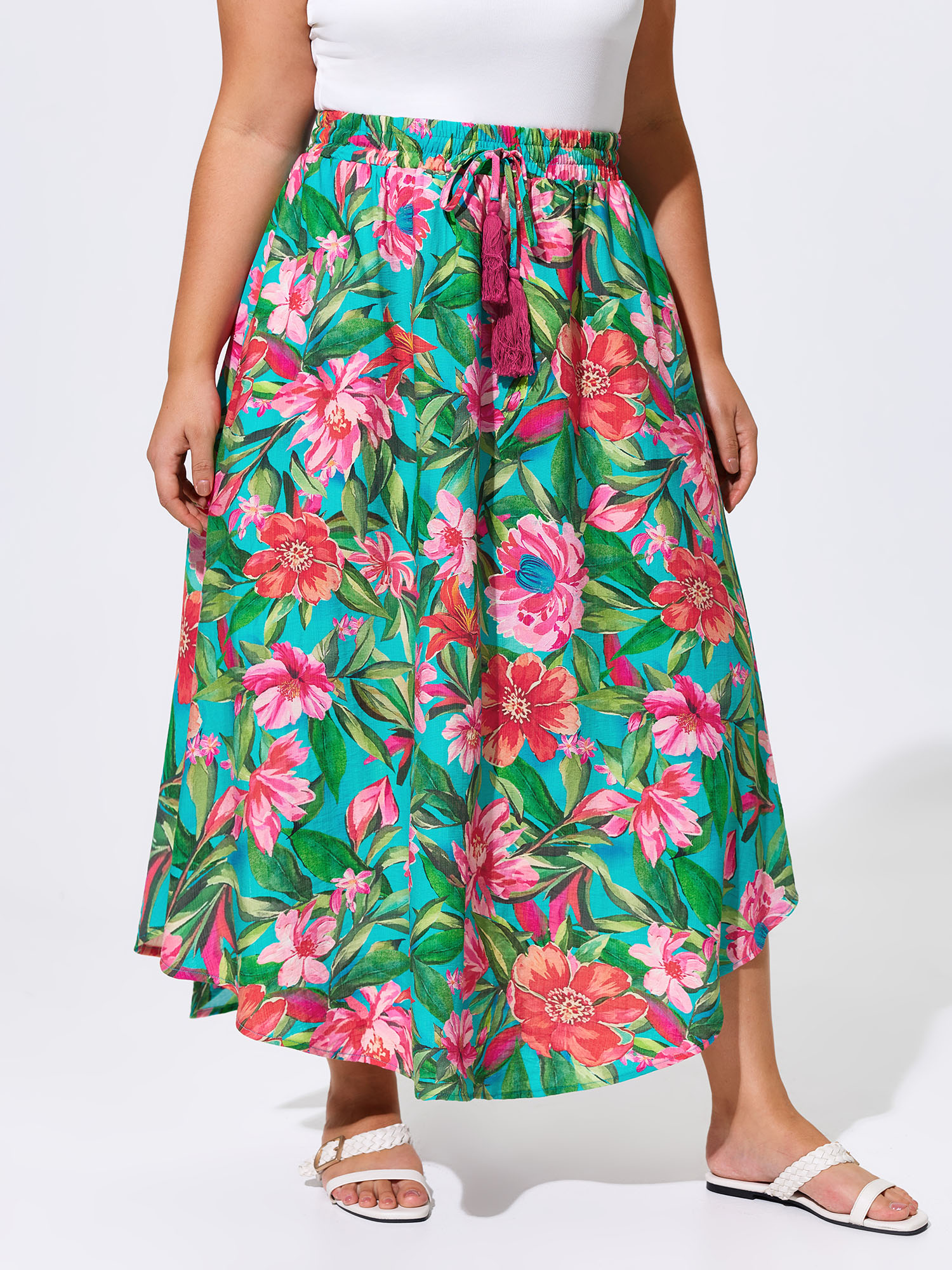 BloomChic Women's Plus Size Floral Print Drawstring Waist Arc Hem Maxi Skirt Emerald Wide Waistband Flared Vacation 10/M-image-48618380918954