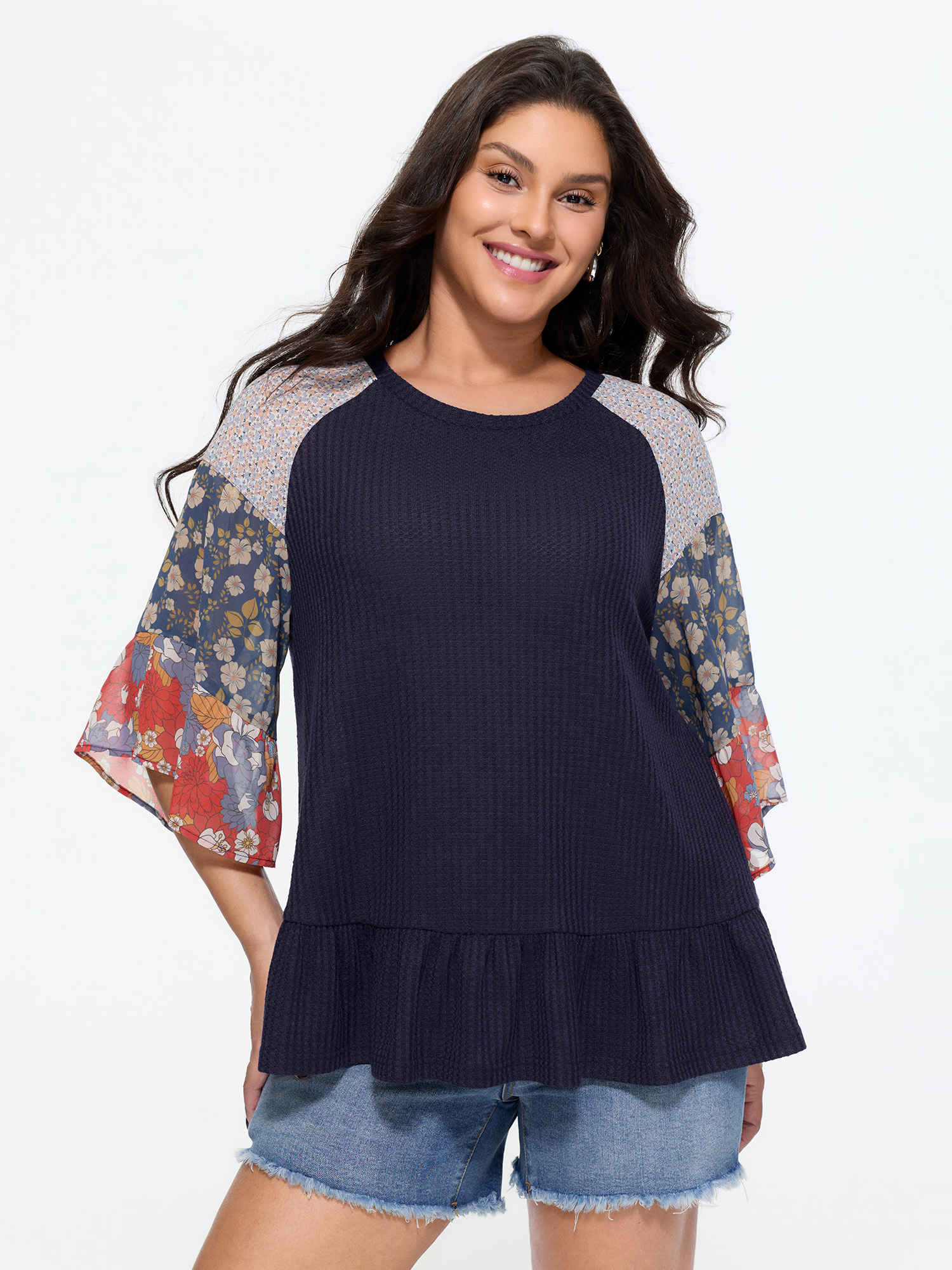 BloomChic Women's Plus Size Floral Patchwork Print Waffle Knit T-Shirt DarkBlue Color Block Everyday-Casual Short sleeve Round Neck 10/M