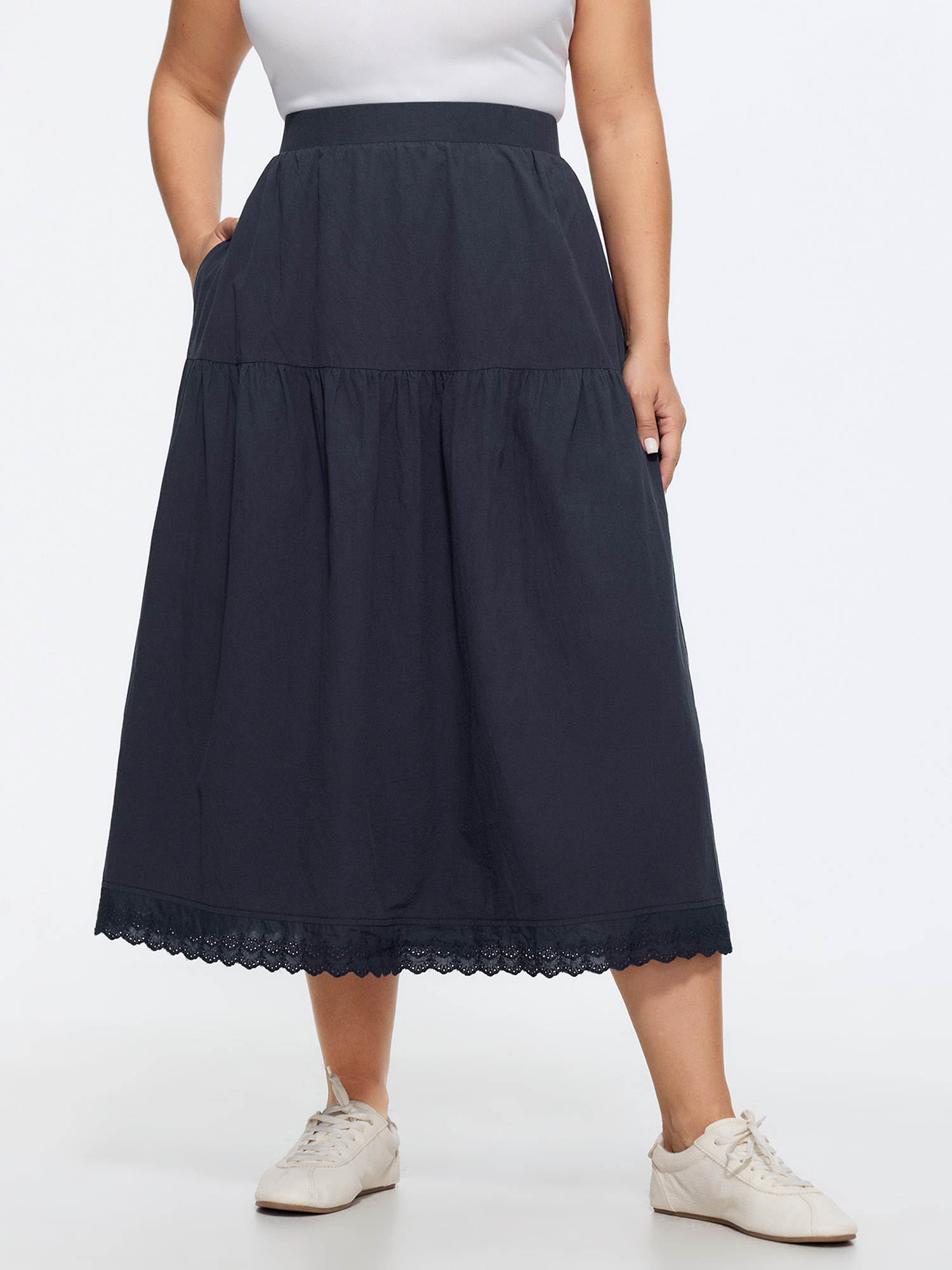 BloomChic Women's Plus Size Cotton Lace Trim Tiered Flowy Maxi Skirt Indigo Lace Trim Flared Casual 14-16/1X-image-48661511602346