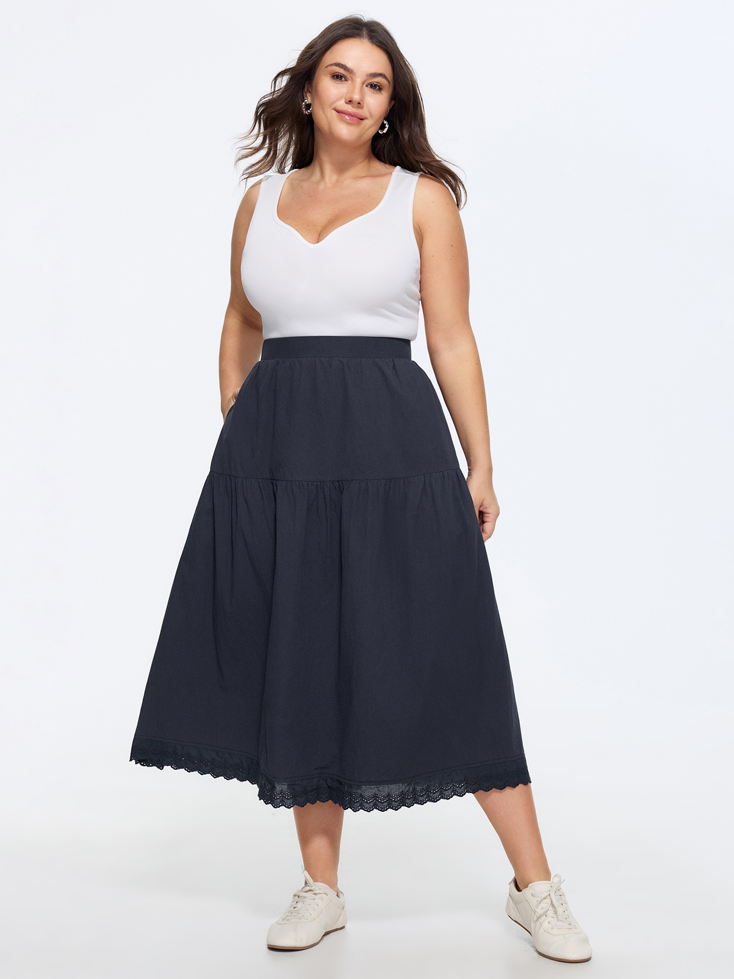 Side view of BloomChic Women's Plus Size Cotton Lace Trim Tiered Flowy Maxi Skirt Indigo Lace Trim Flared Casual 10/M