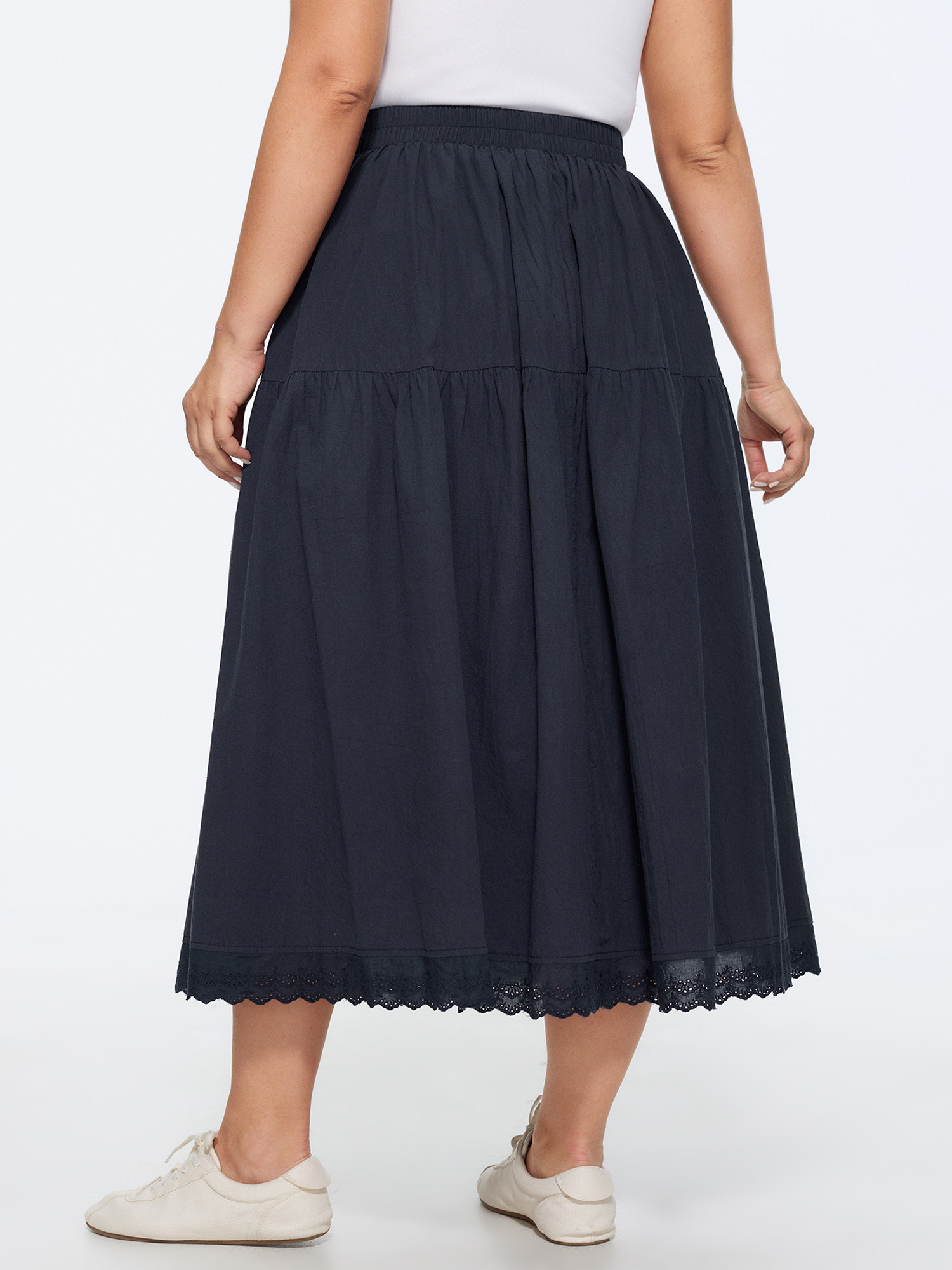 Side view of BloomChic Women's Plus Size Cotton Lace Trim Tiered Flowy Maxi Skirt Indigo Lace Trim Flared Casual 10/M