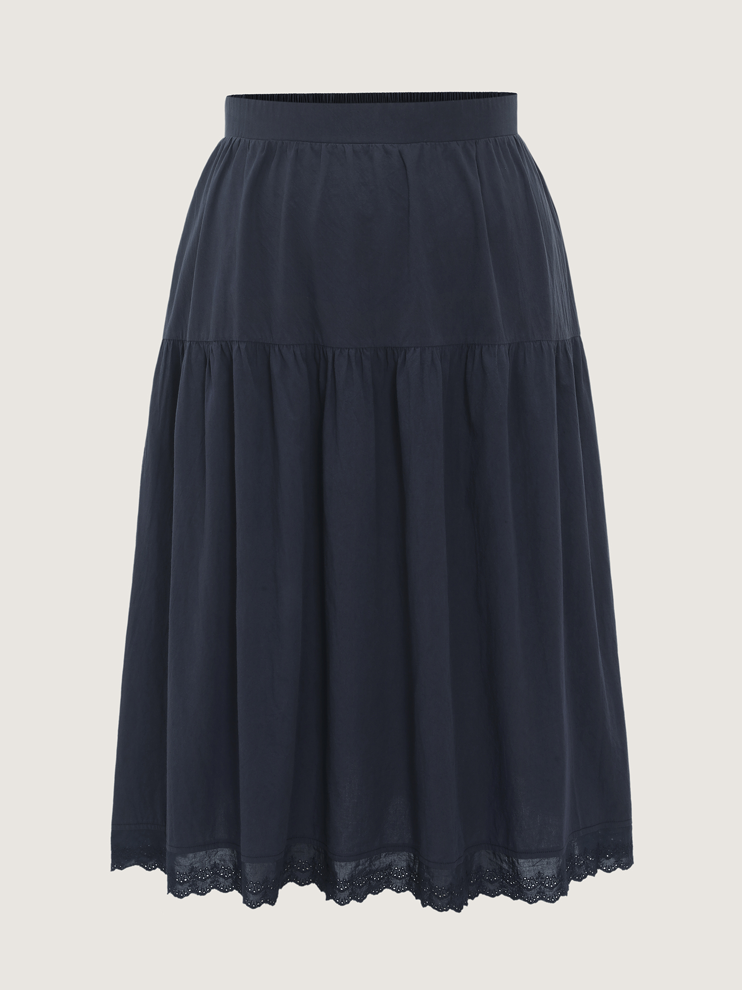 Side view of BloomChic Women's Plus Size Cotton Lace Trim Tiered Flowy Maxi Skirt Indigo Lace Trim Flared Casual 10/M