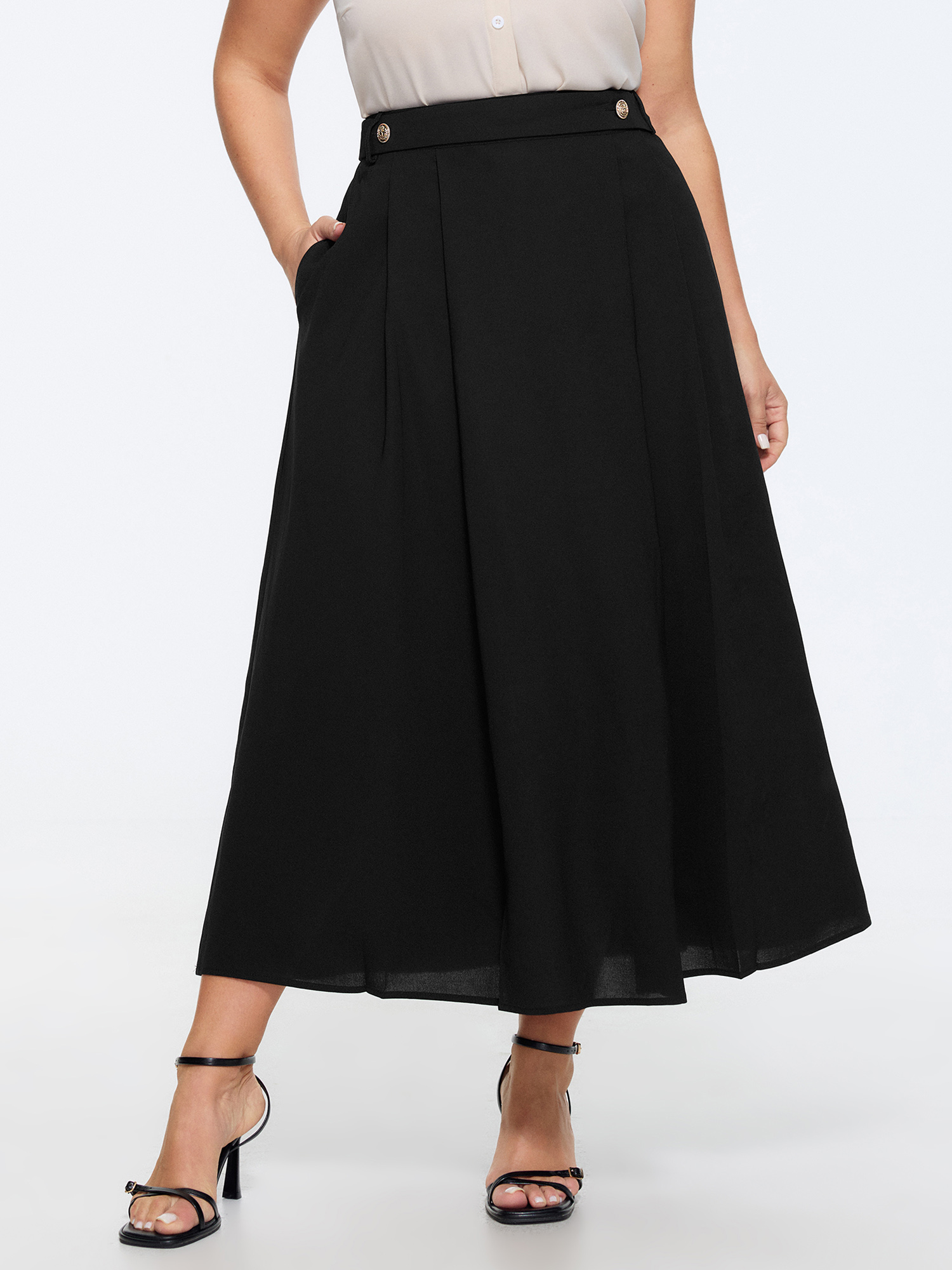 BloomChic Women's Plus Size Waist Beaded Pleated Flowy Maxi Skirt Black Wide Waistband Flared Office 12/L-image-48665828786346