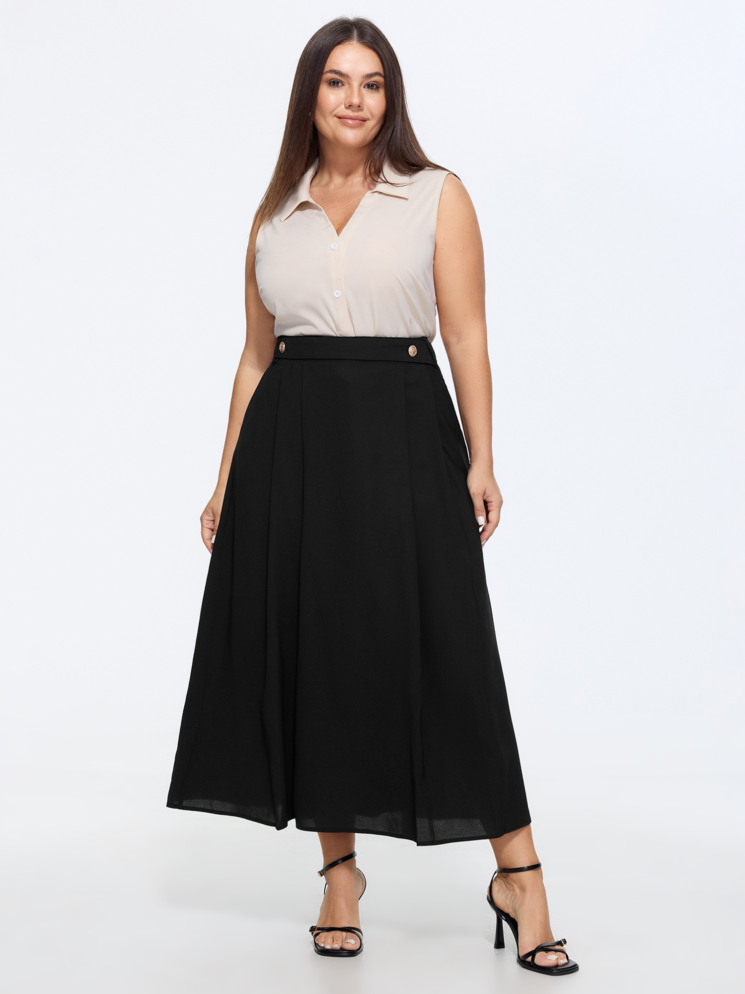 Side view of BloomChic Women's Plus Size Waist Beaded Pleated Flowy Maxi Skirt Black Wide Waistband Flared Office 14-16/1X