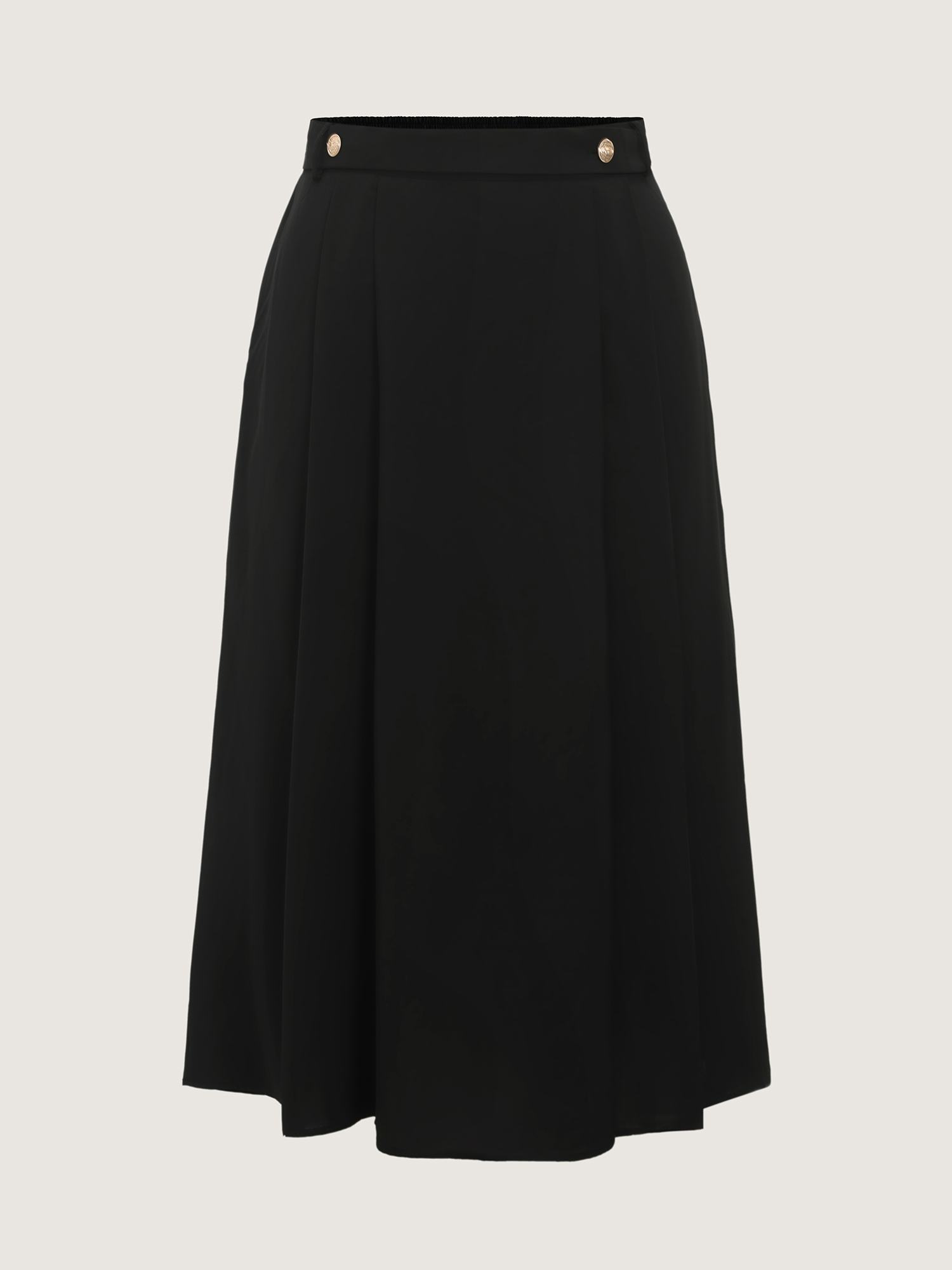 Side view of BloomChic Women's Plus Size Waist Beaded Pleated Flowy Maxi Skirt Black Wide Waistband Flared Office 14-16/1X