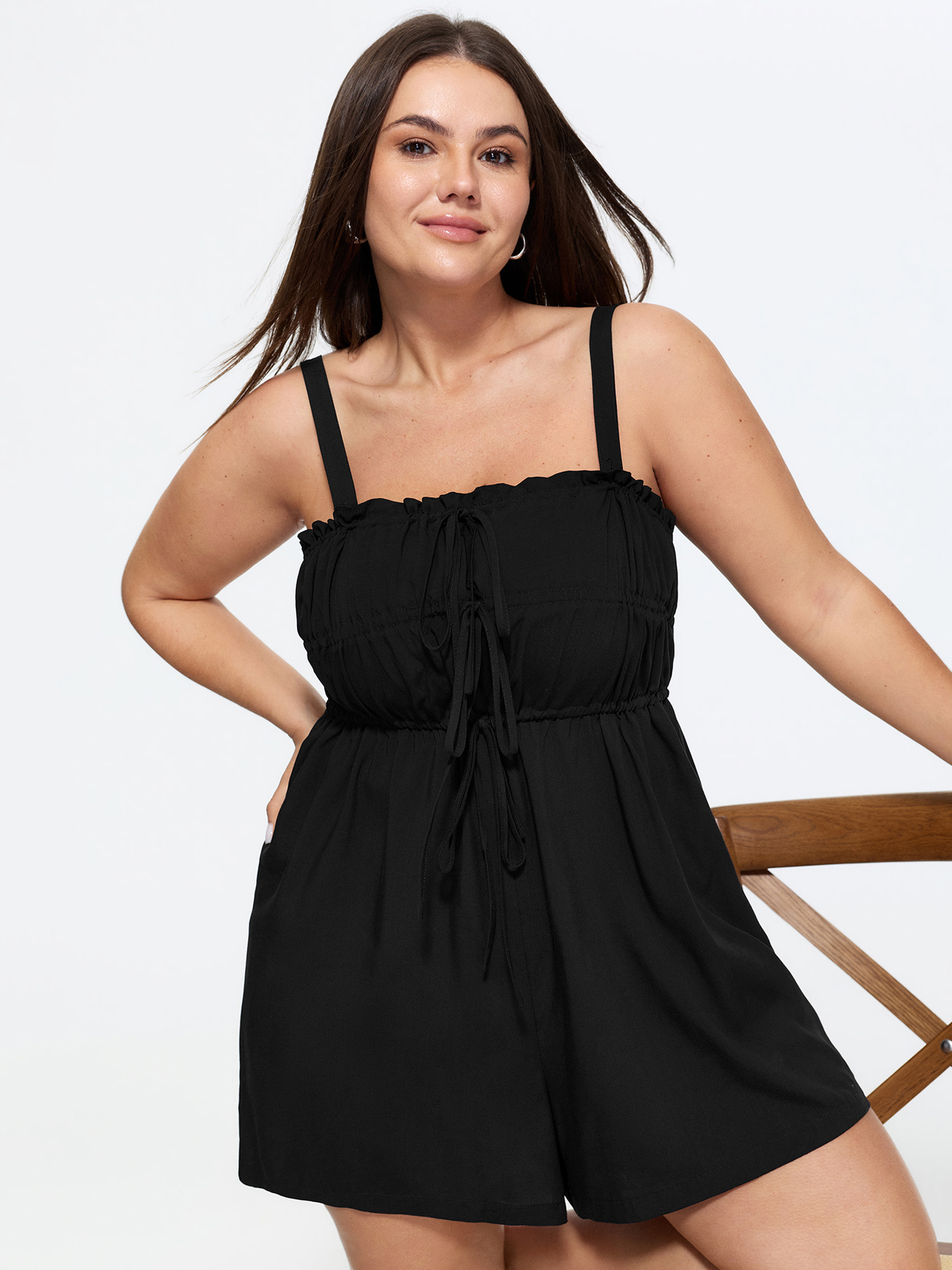 Bloomchic Ruffle Drawstring Bust Elastic Romper In Black