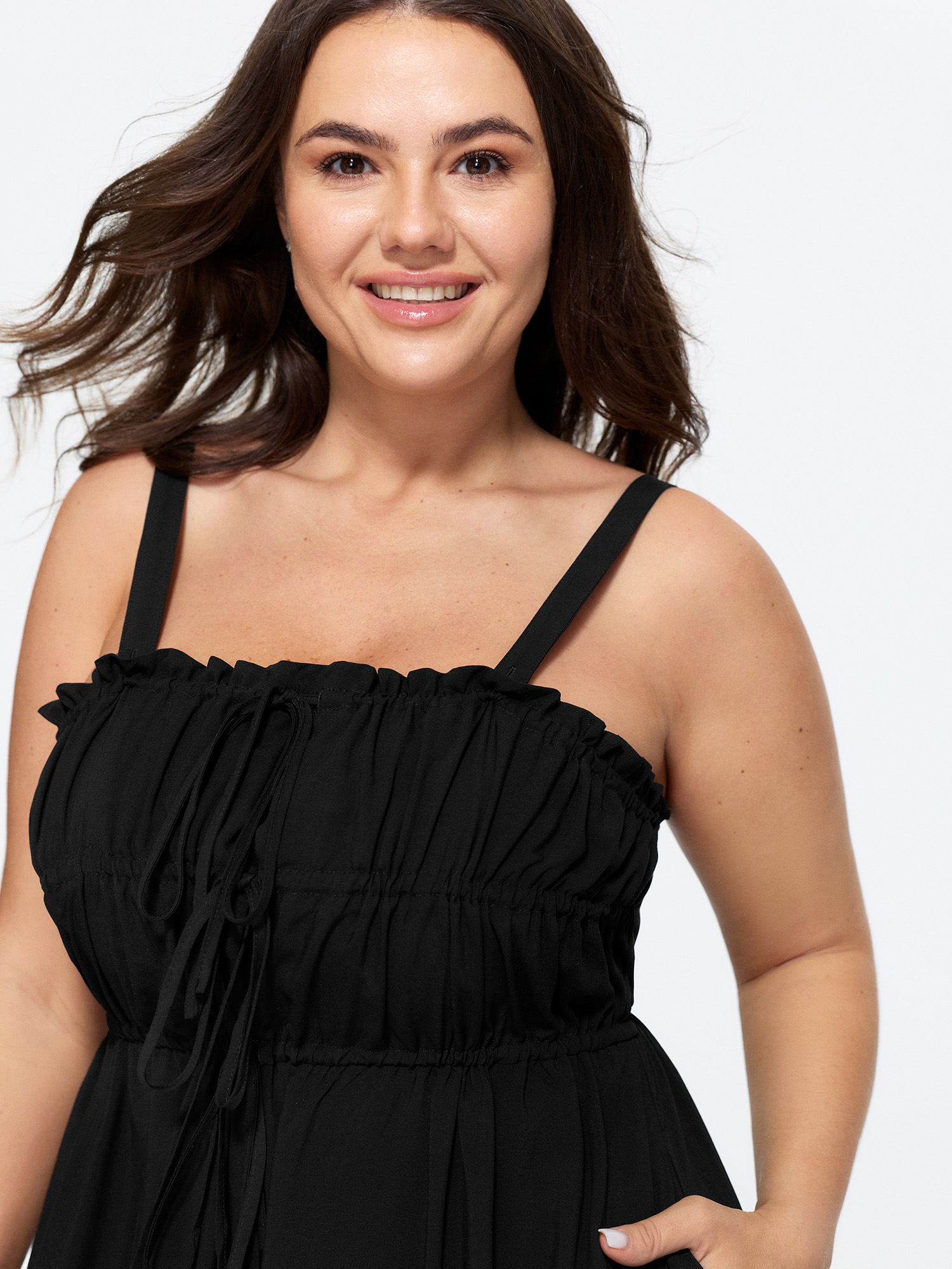 Bloomchic Ruffle Drawstring Bust Elastic Romper In Black