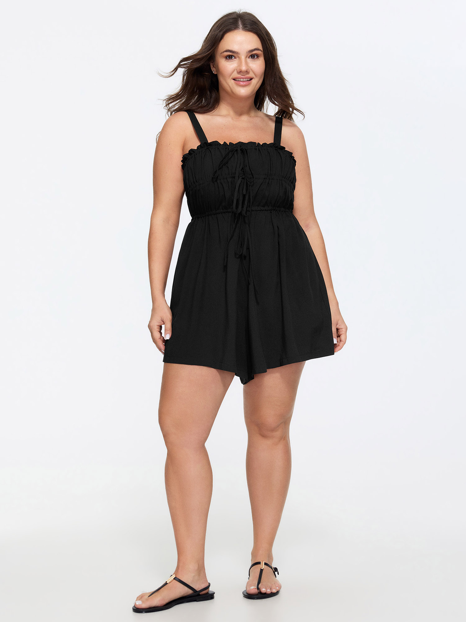 Bloomchic Ruffle Drawstring Bust Elastic Romper In Black