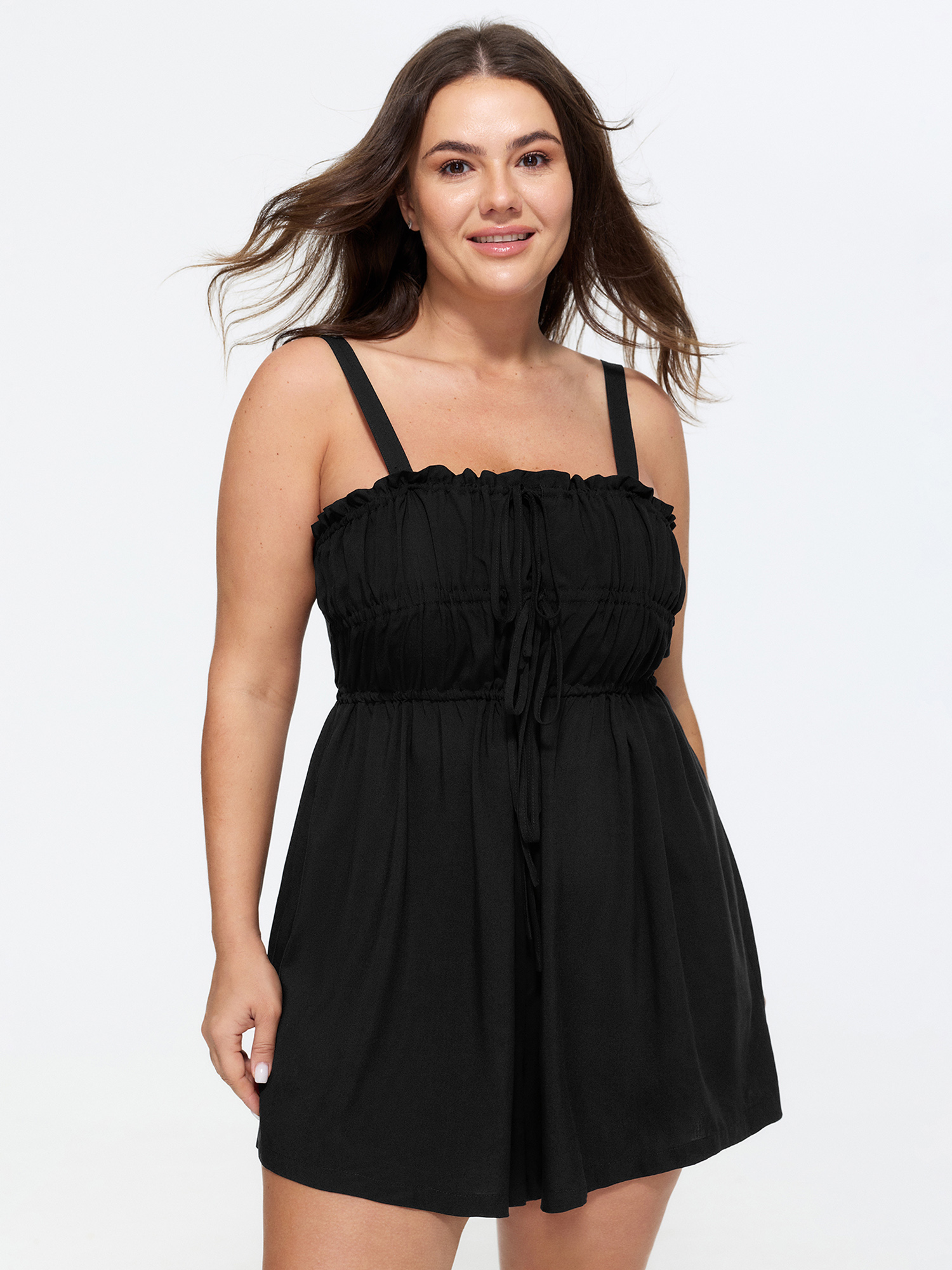 Bloomchic Ruffle Drawstring Bust Elastic Romper In Black