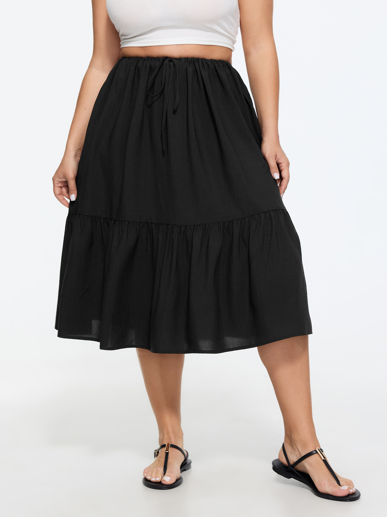 BloomChic Women's Plus Size Adjustable Drawstring Waist Plain Tiered Flowy Midi Skirt Black Non A-line Casual 18-20/2X-image-48767597936810