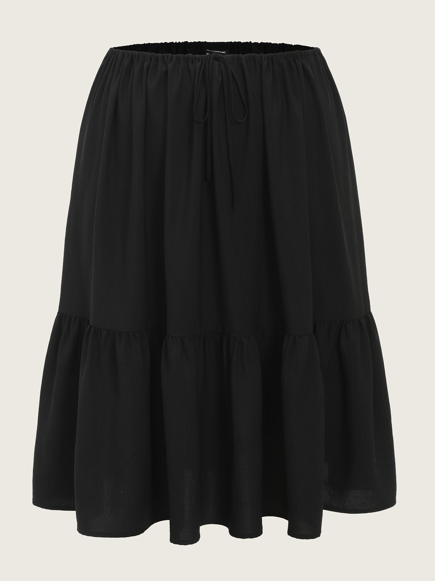 Side view of BloomChic Women's Plus Size Adjustable Drawstring Waist Plain Tiered Flowy Midi Skirt Black Non A-line Casual 30/6X