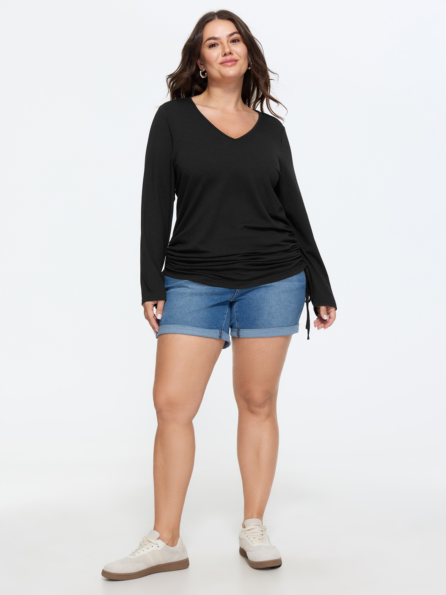 Bloomchic Supersoft Stretchy Adjustable Drawstring Side Jersey Top In Black
