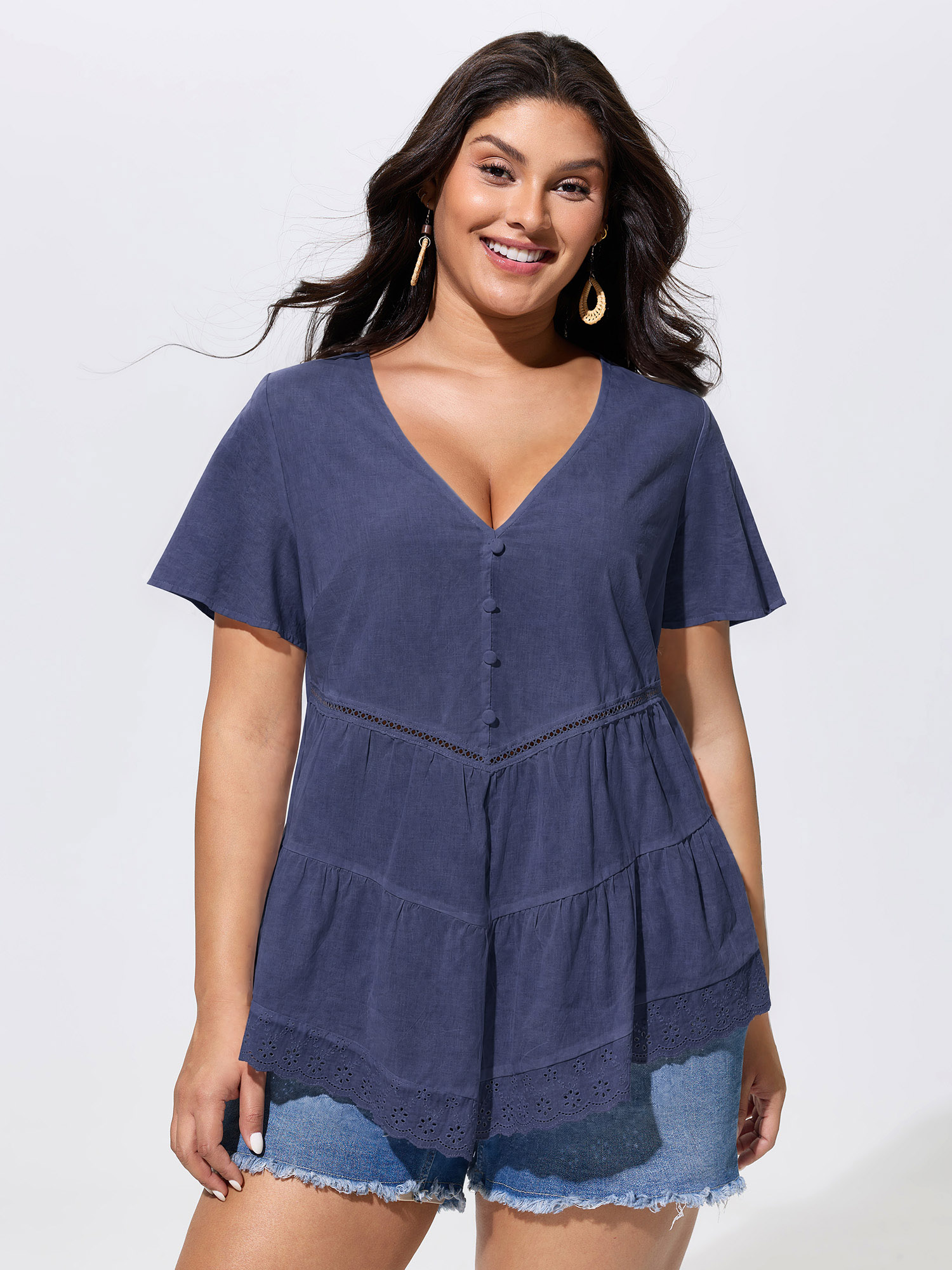 Bloomchic Cotton V-neck Tiered Plain Blouse In Mediumblue