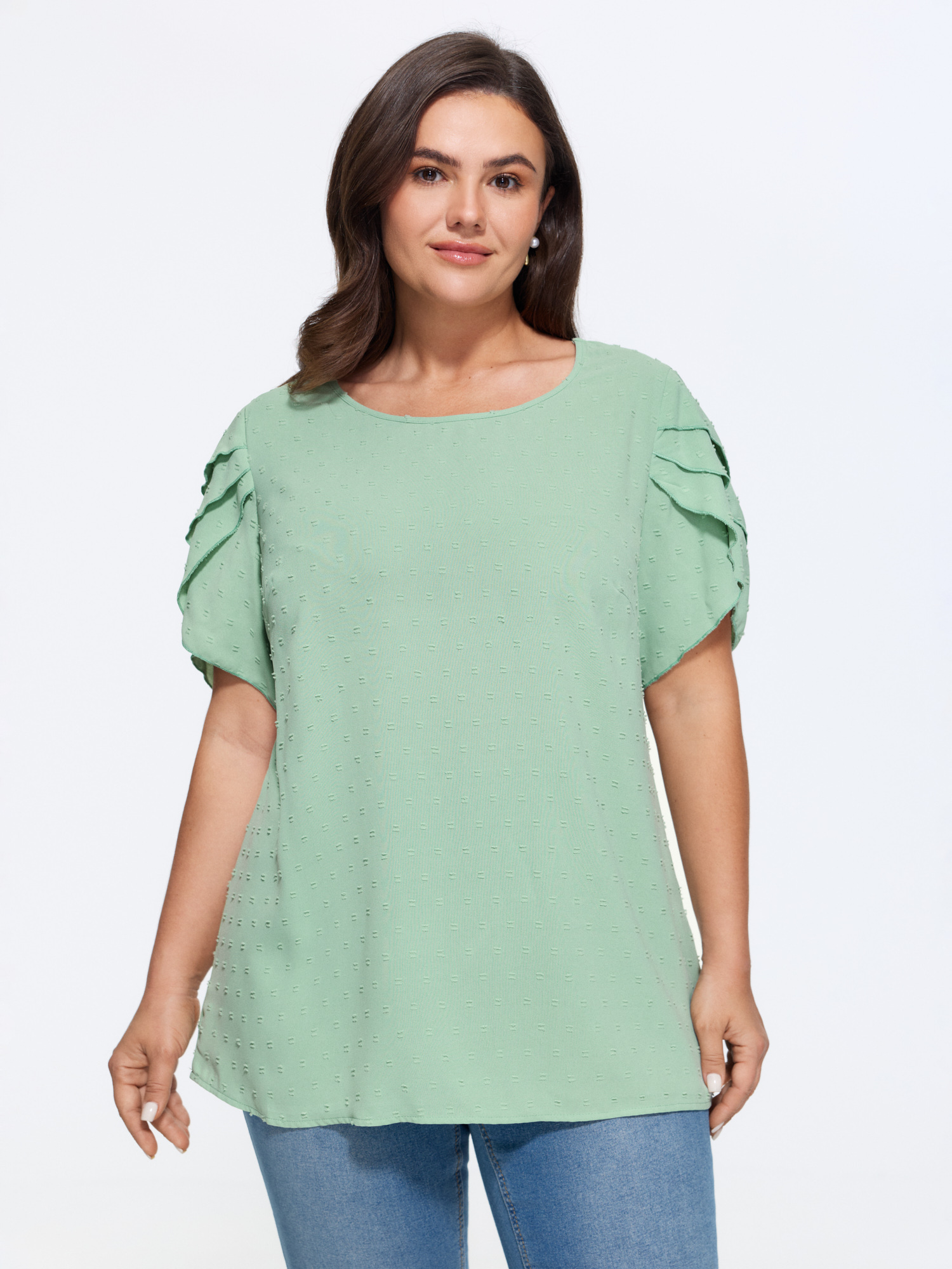 BloomChic Women's Plus Size Textured Color Contrast Petal Sleeve Blouse LightGreen Solid Everyday-Elegant Short sleeve Round Neck 22-24/3X