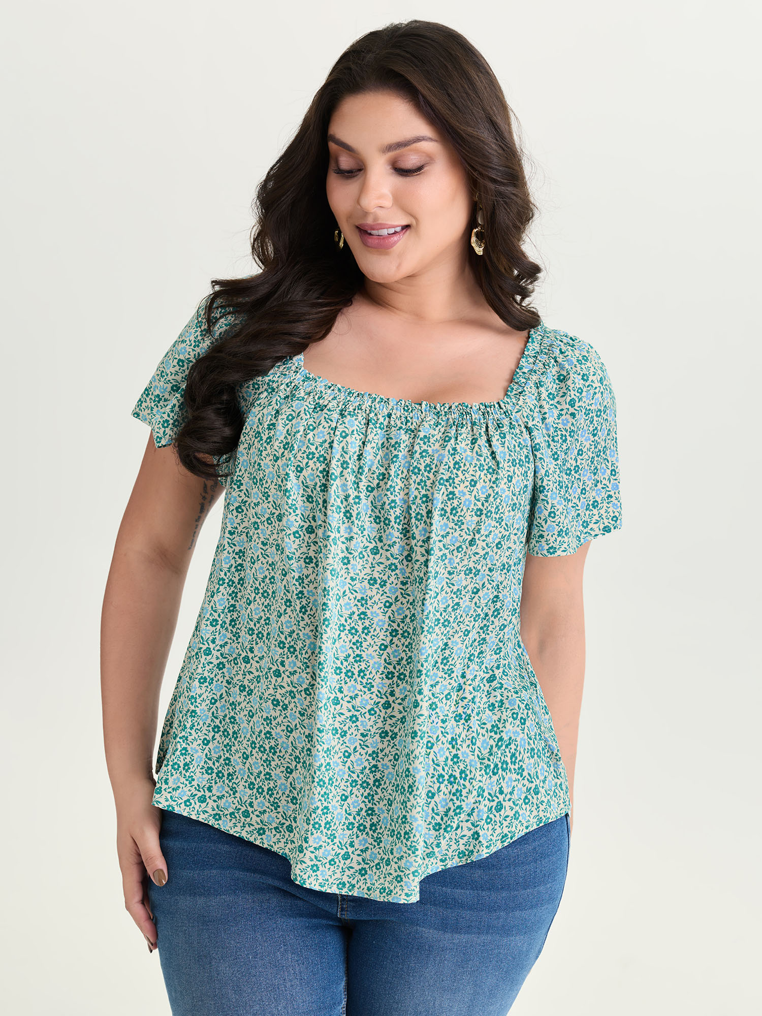 BloomChic Plus Size Floral Print Square Neckline Blouse - Women's Cerulean Ditsy Floral Square Neck Short sleeve Elegant Blouses 18-20/1X
