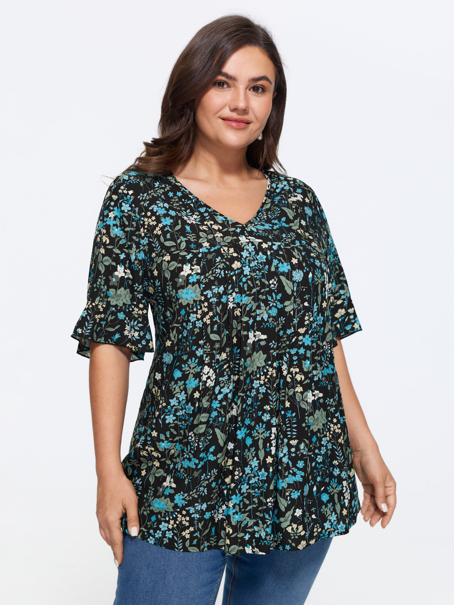 Bloomchic Ditsy Floral Pleated Flared Sleeve Blouse In Pureblack