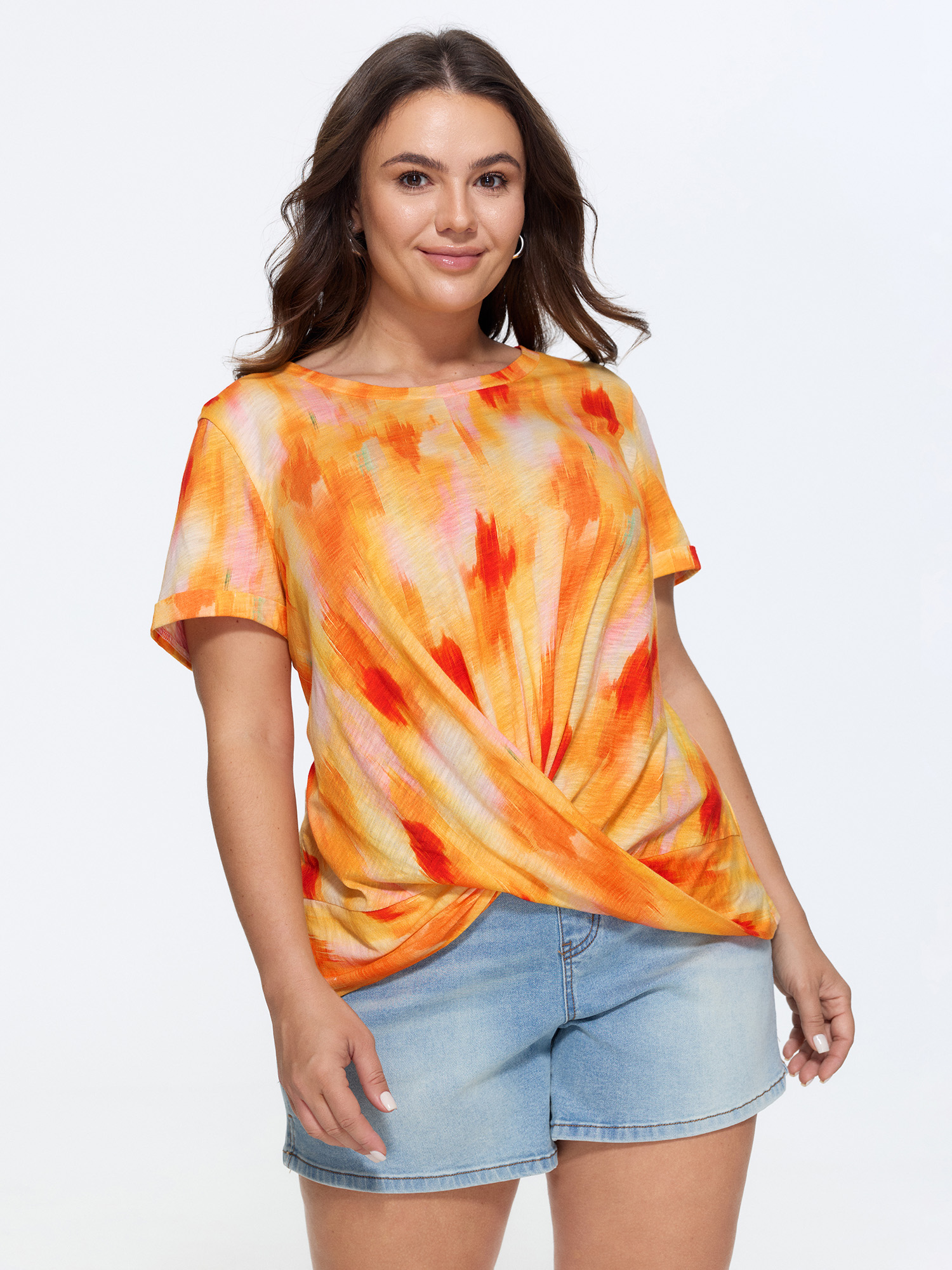 Bloomchic Cotton Gradient Blend Overlap Front T-shirt In Multicolor