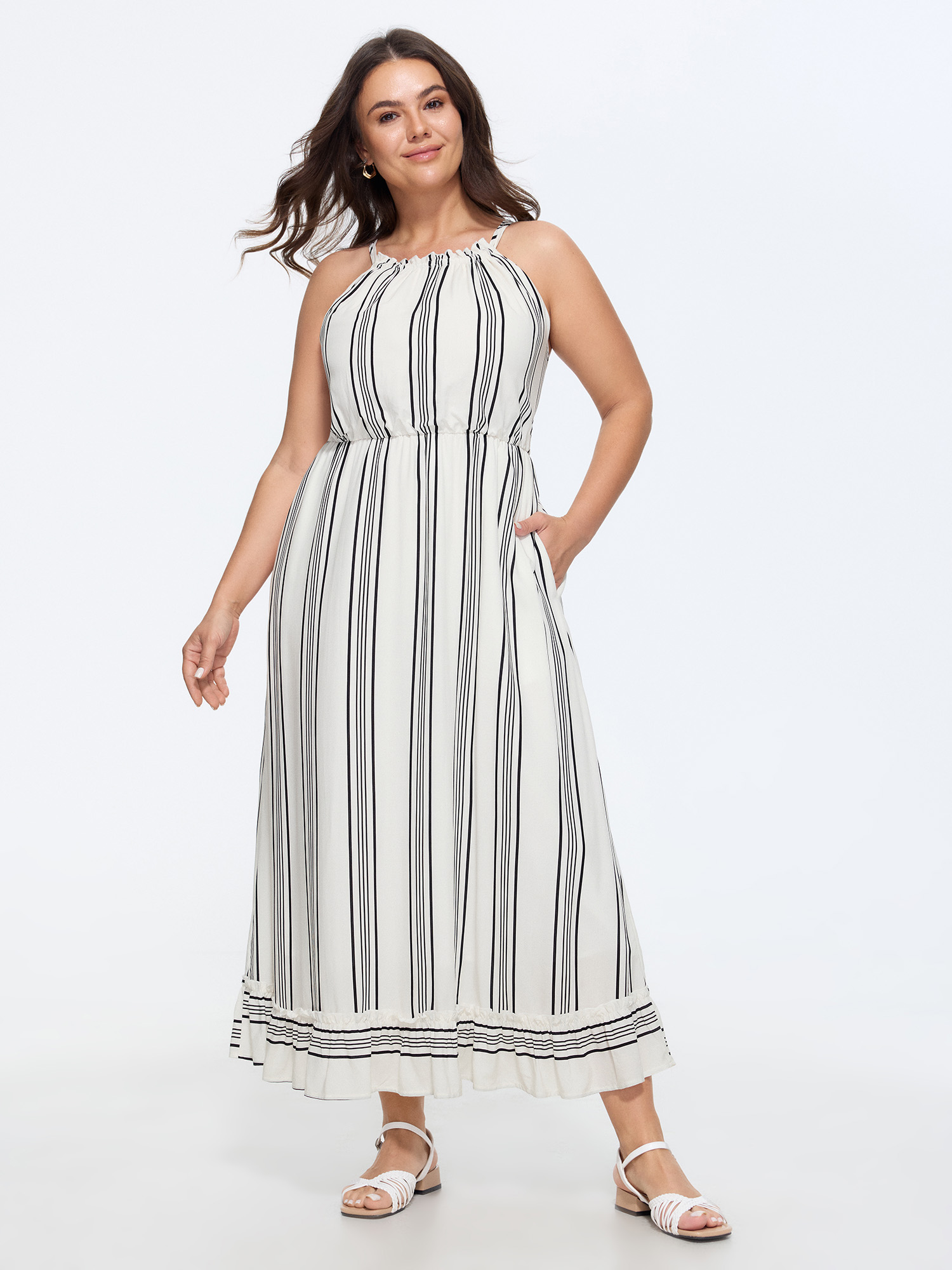 Bloomchic Supersoft Striped Print Halter Maxi Dress In Whitesmoke