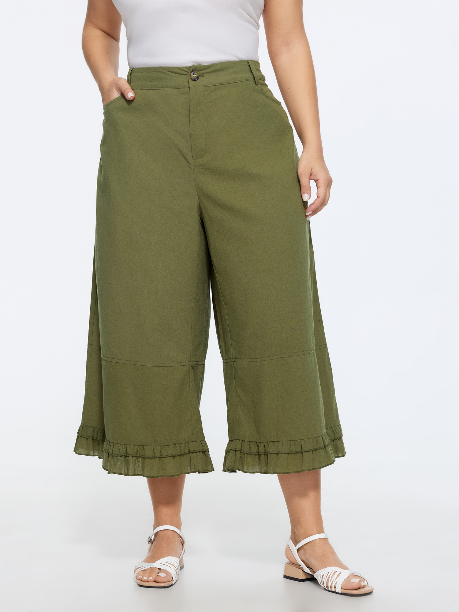 Bloomchic Cotton Ruffled Hem Wide-leg Pants In Armygreen