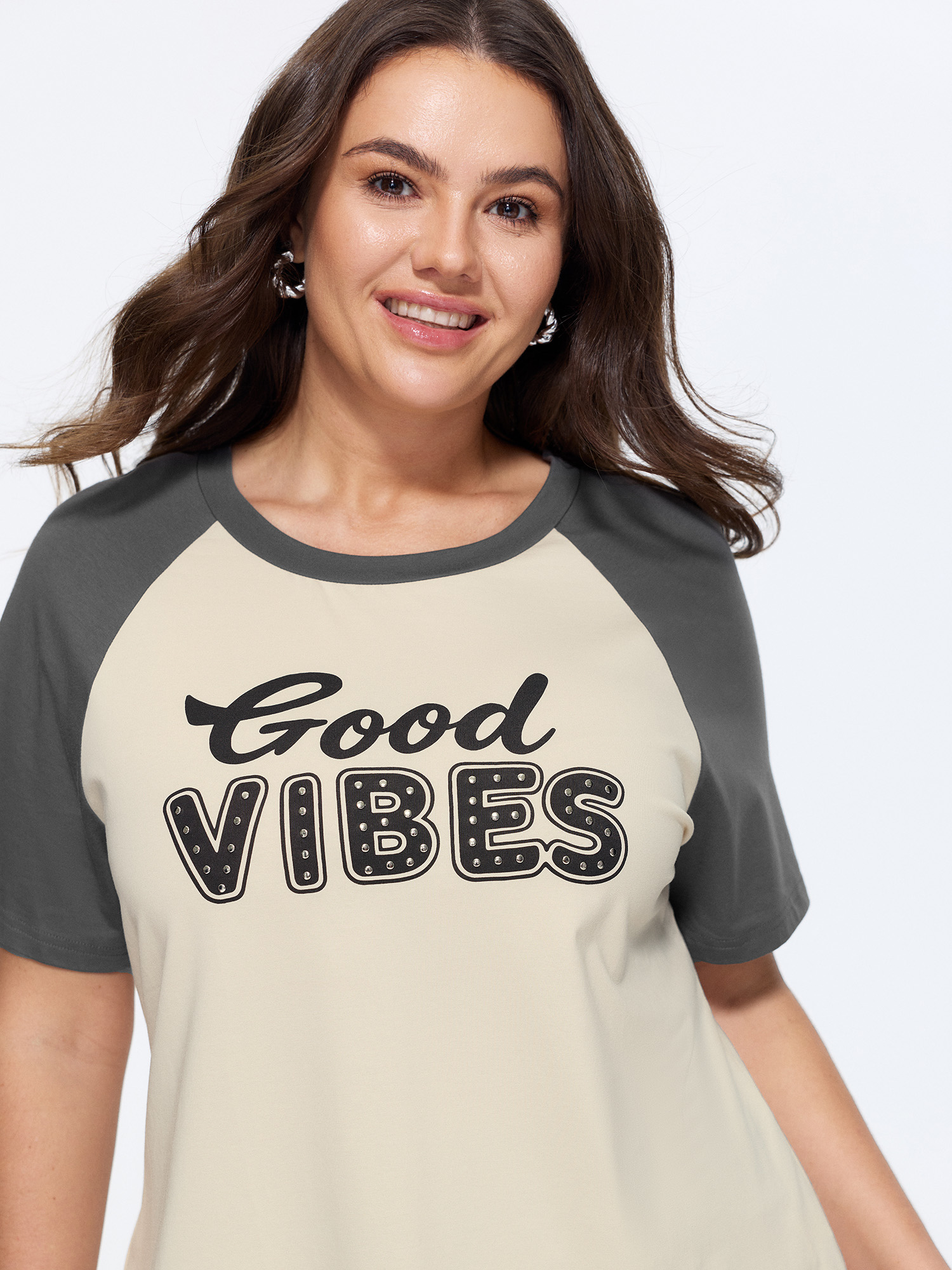 Bloomchic Cotton Good Vibes Raglan Sleeve T-shirt In Apricot