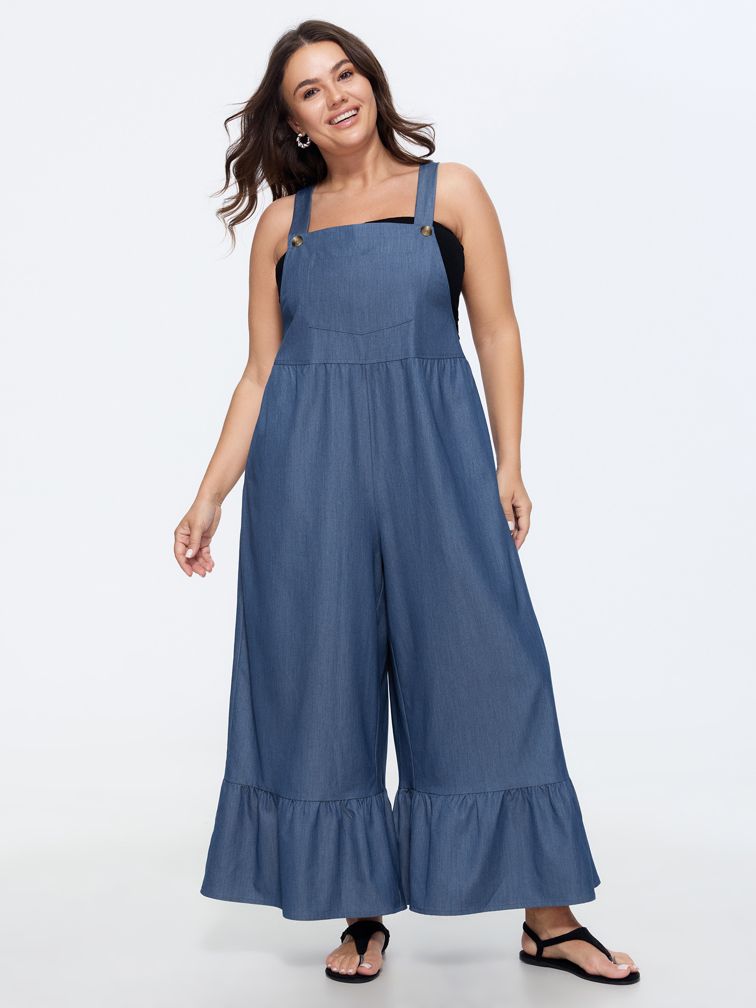 Bloomchic Overall Straps Ruffled Hem Pockets Faux Denim Jumpsuit In Denimblue