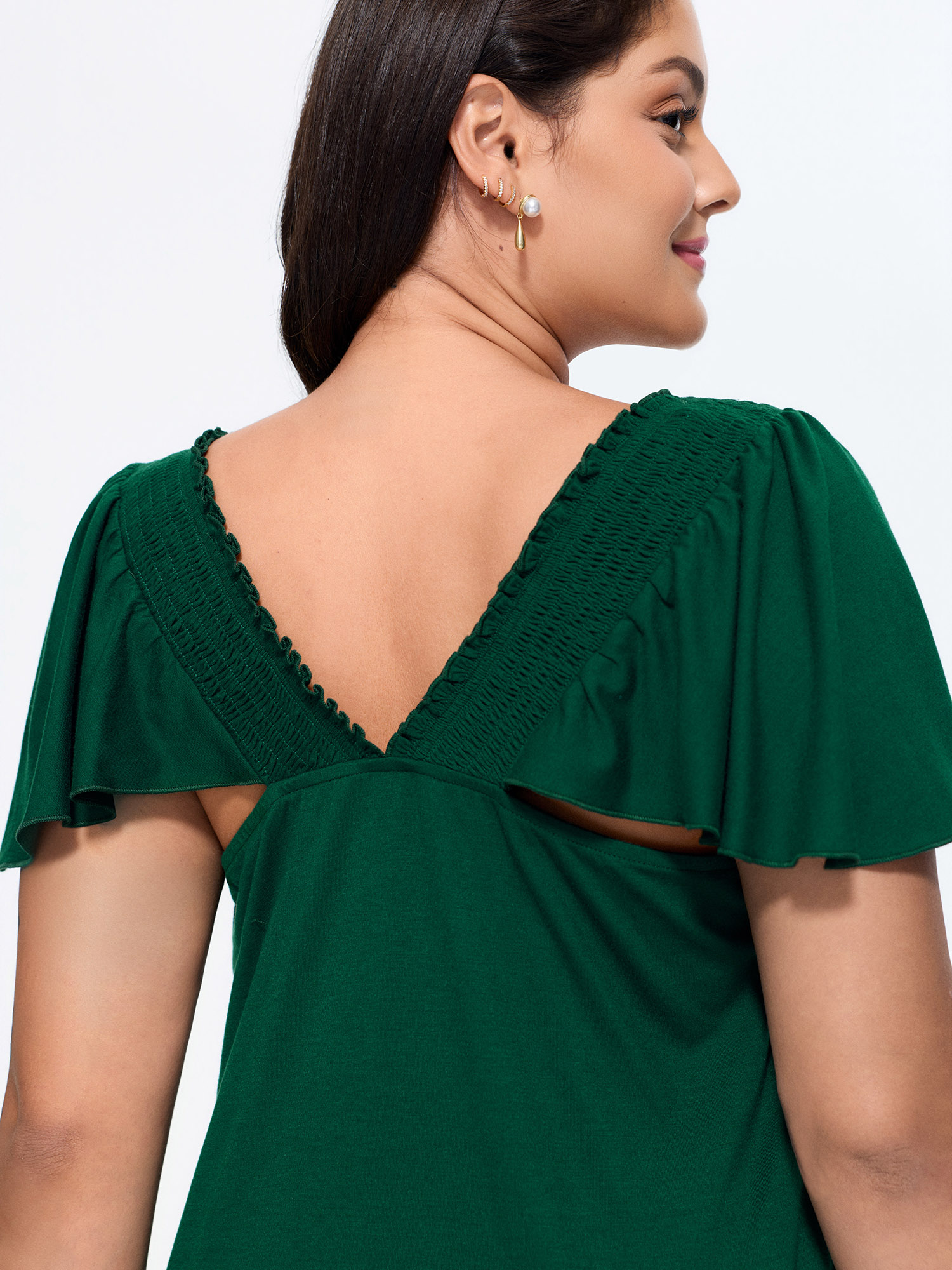 Bloomchic Shirred Ruffled Sleeve Cut-out Knit Top In Darkgreen