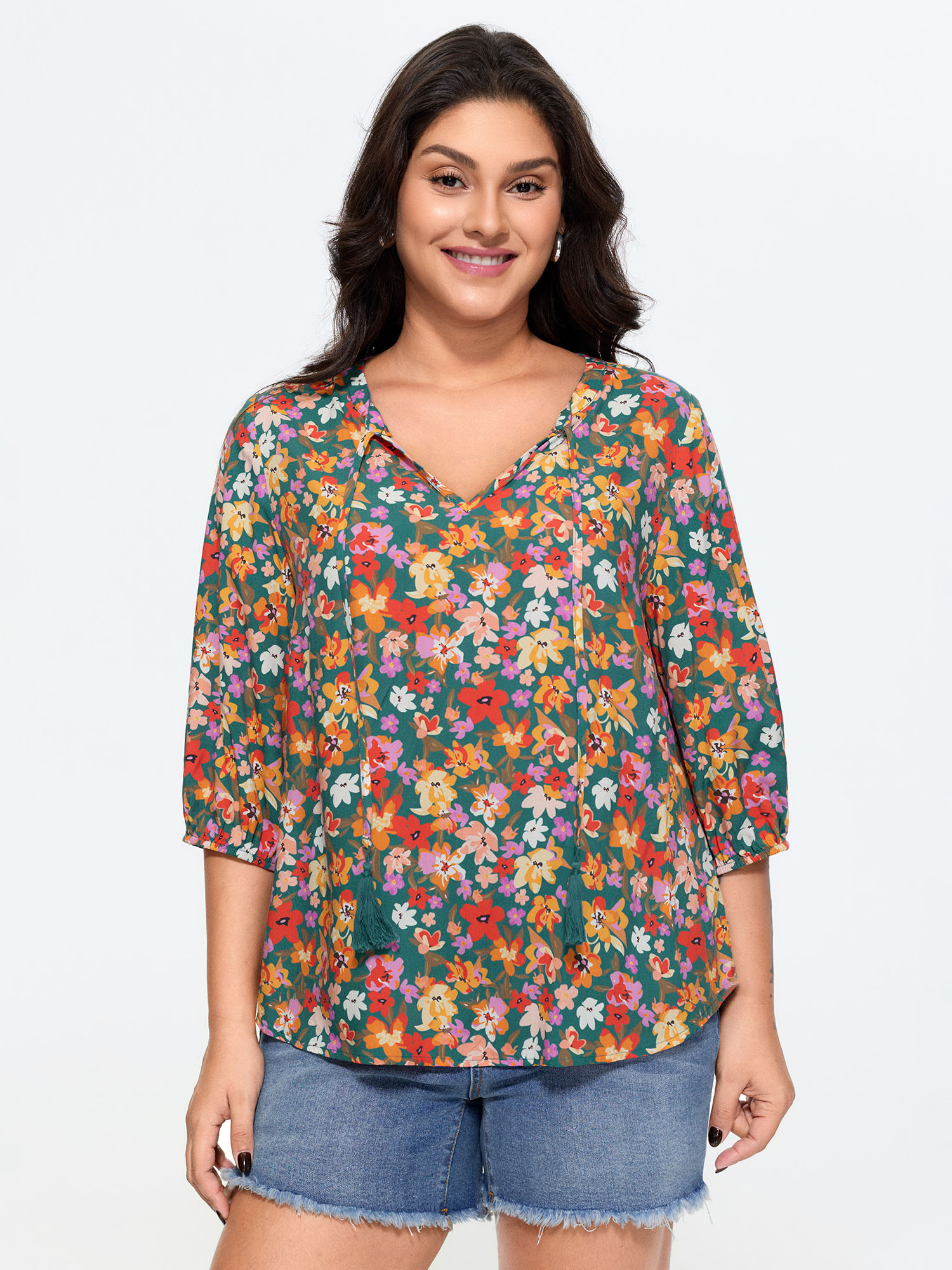 Bloomchic Supersoft Floral Print Tassel Neckline Blouse In Darkslategray