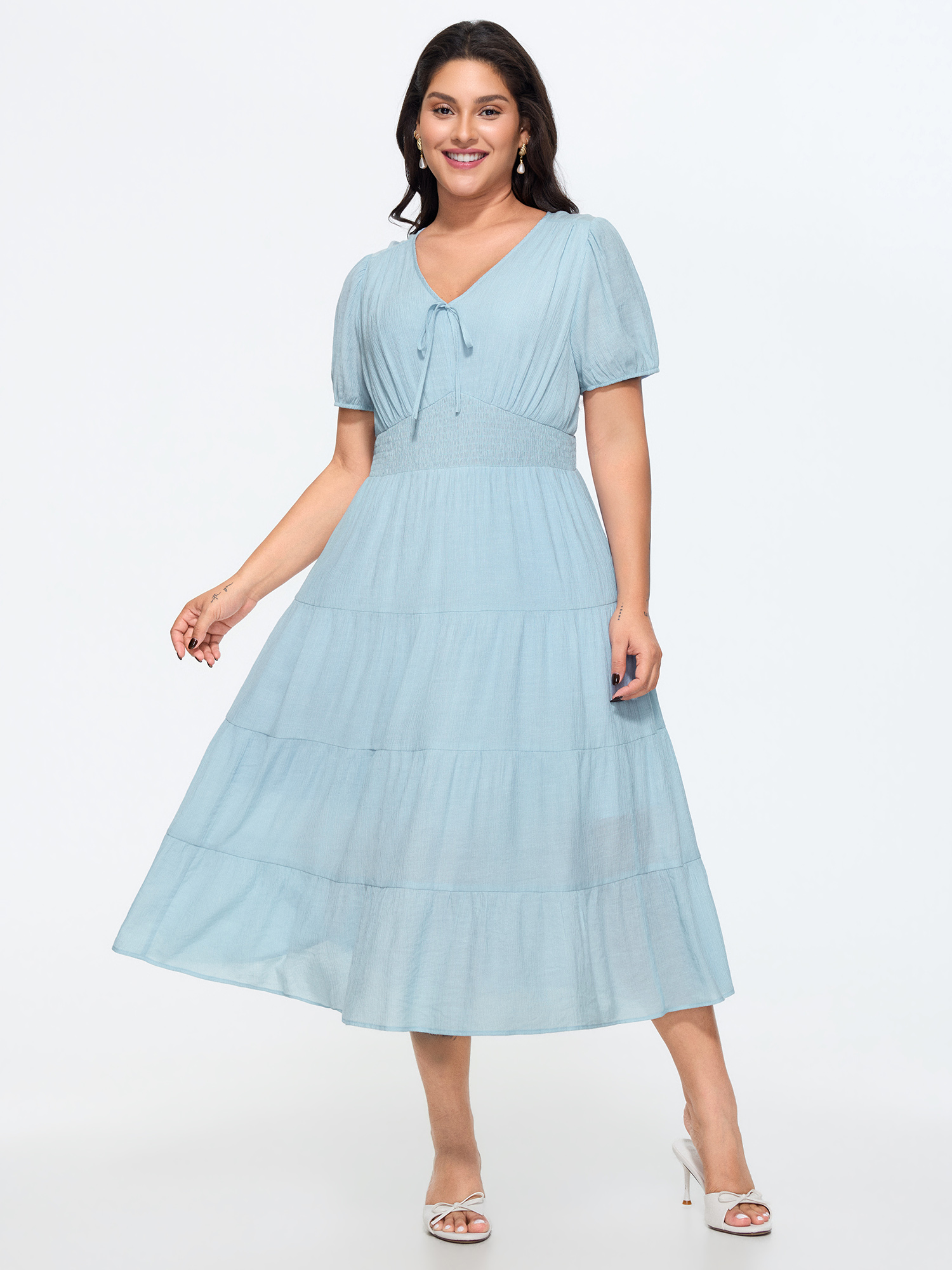 Bloomchic Shirred Waist Tiered Flowy Midi Dress In Lightblue