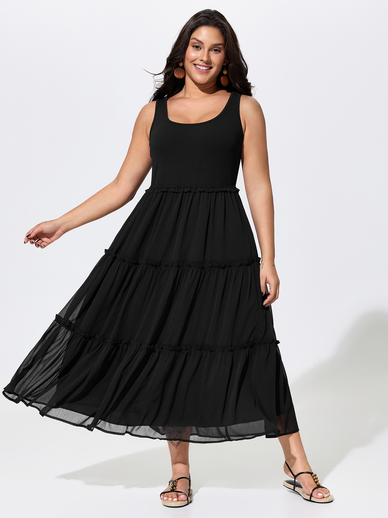 Bloomchic Classic Ruffled Tiered Flowy Midi Dress In Black