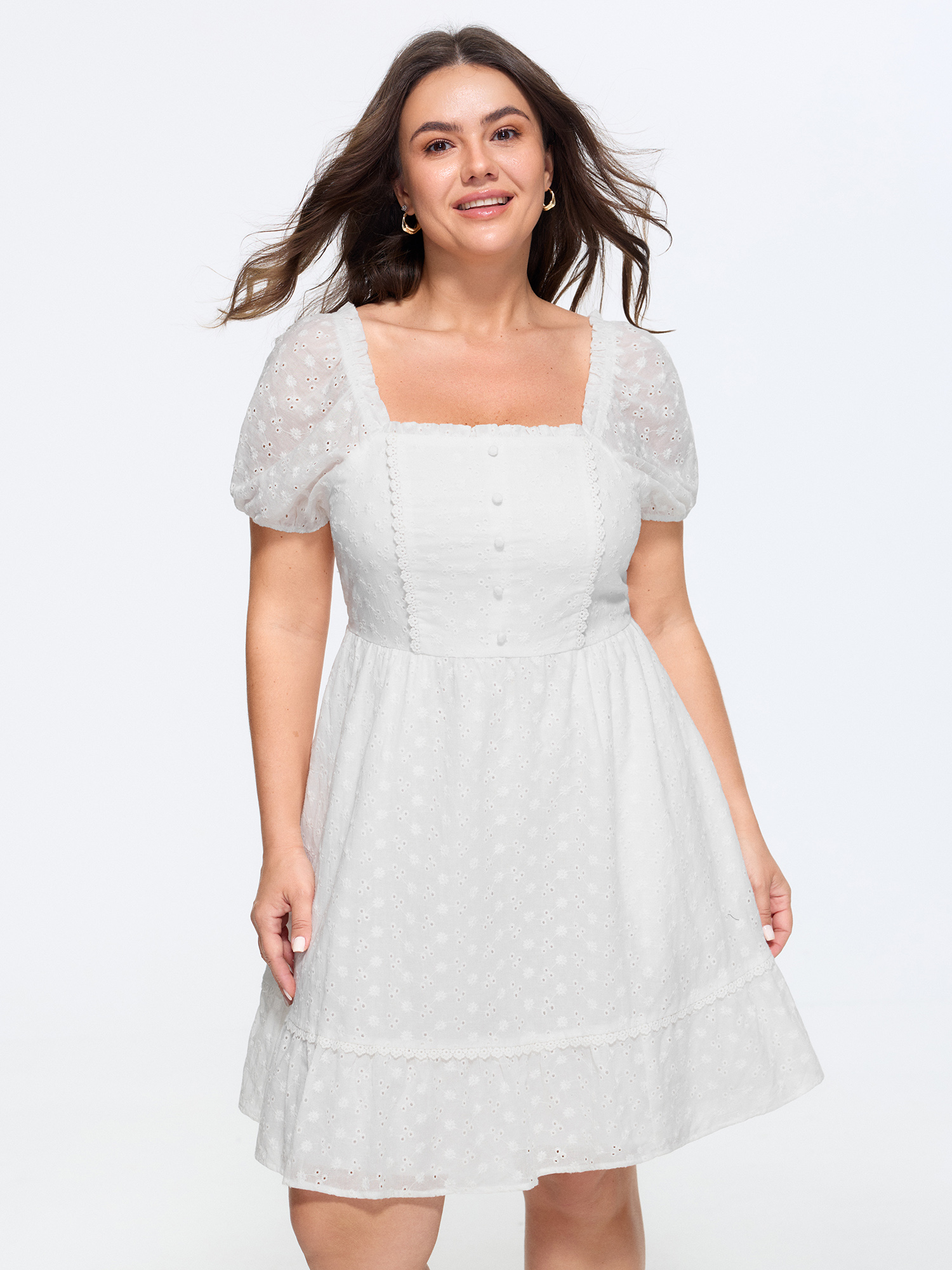 Bloomchic Cotton Lace Textured Ruffled Hem Mini Dress In Originalwhite