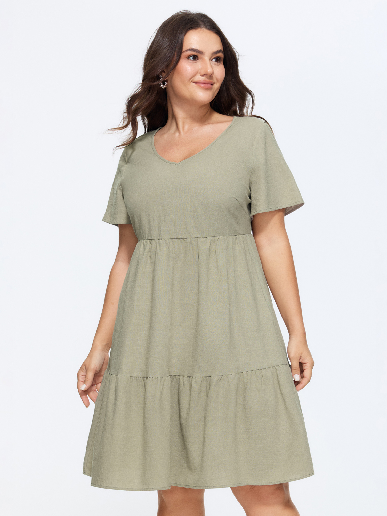 Bloomchic Cotton V-neck Tiered Plain Mini Dress In Sage