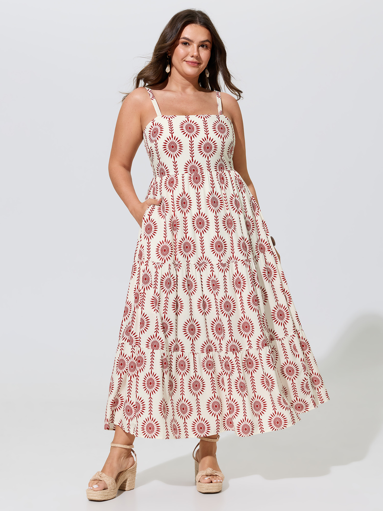 Bloomchic Geometric Print Tiered Sleeveless Maxi Dress In Russet