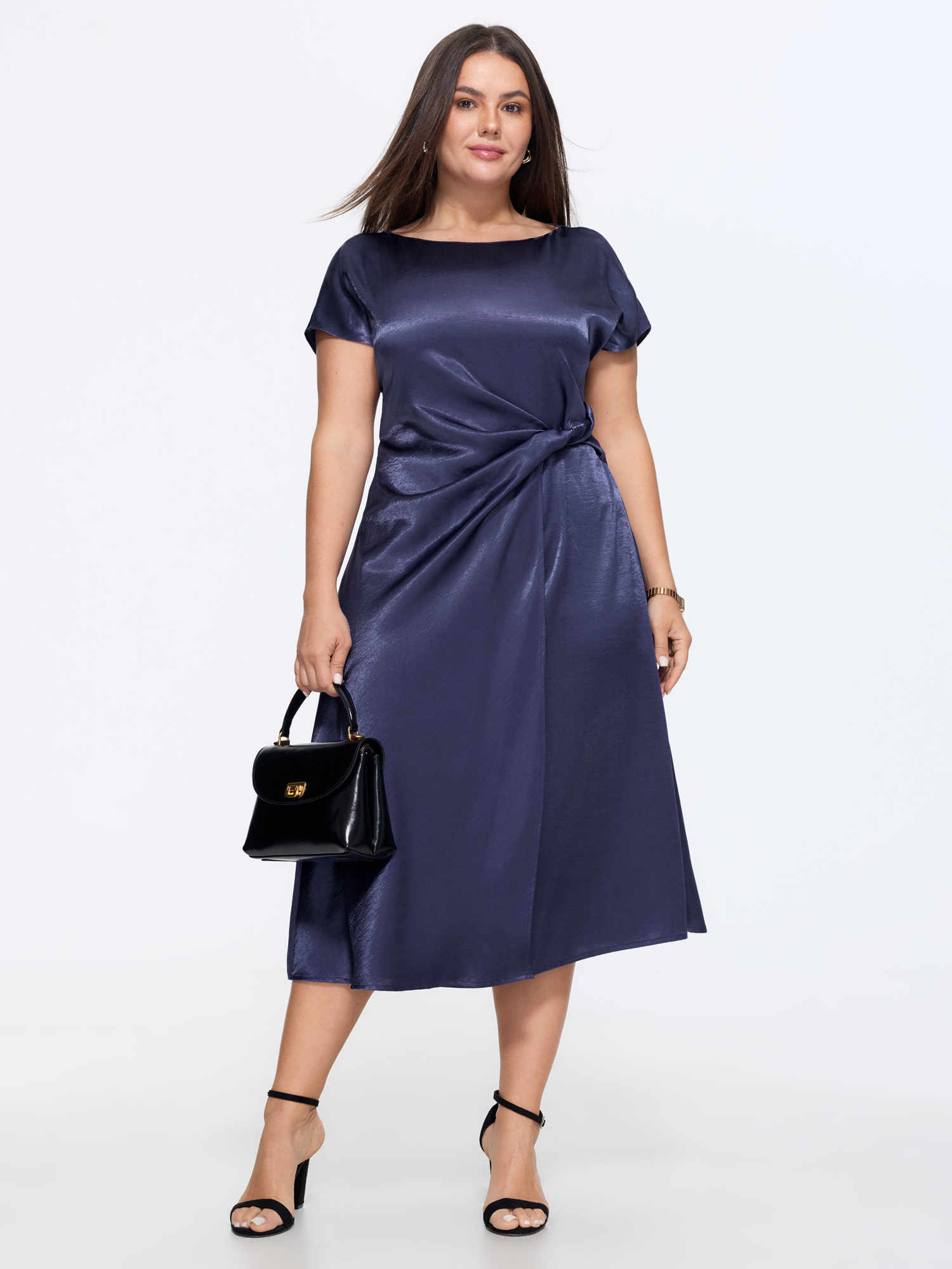 BloomChic Women's Plus Size Sleek Satin Draped Waist Midi Dress Navy Solid Tunic Office Lace-Up 26/4X