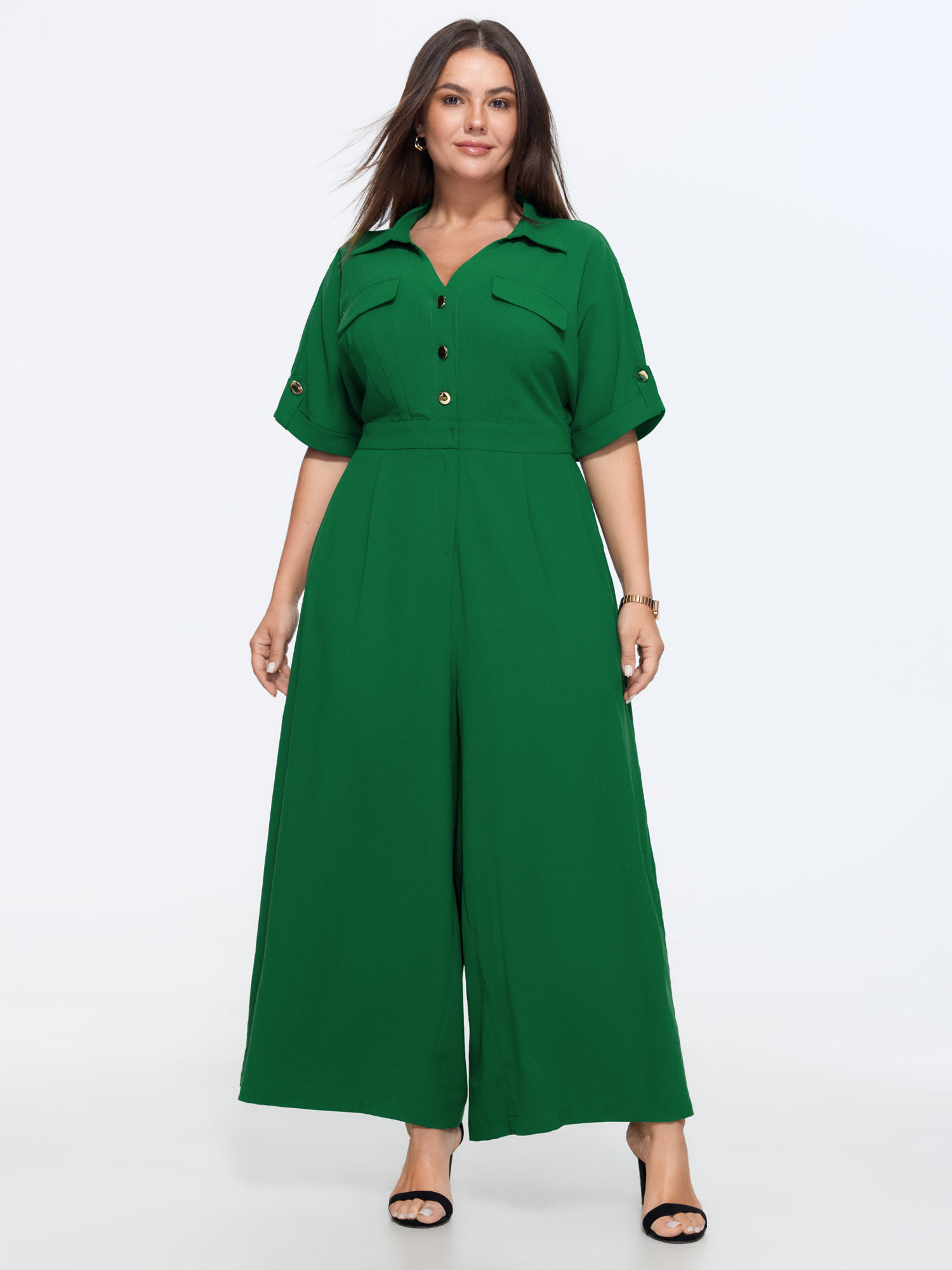 BloomChic Women's Plus Size Button Placket Pockets Wide-Leg Jumpsuit Emerald Office 14-16/1X-image-48767599673514