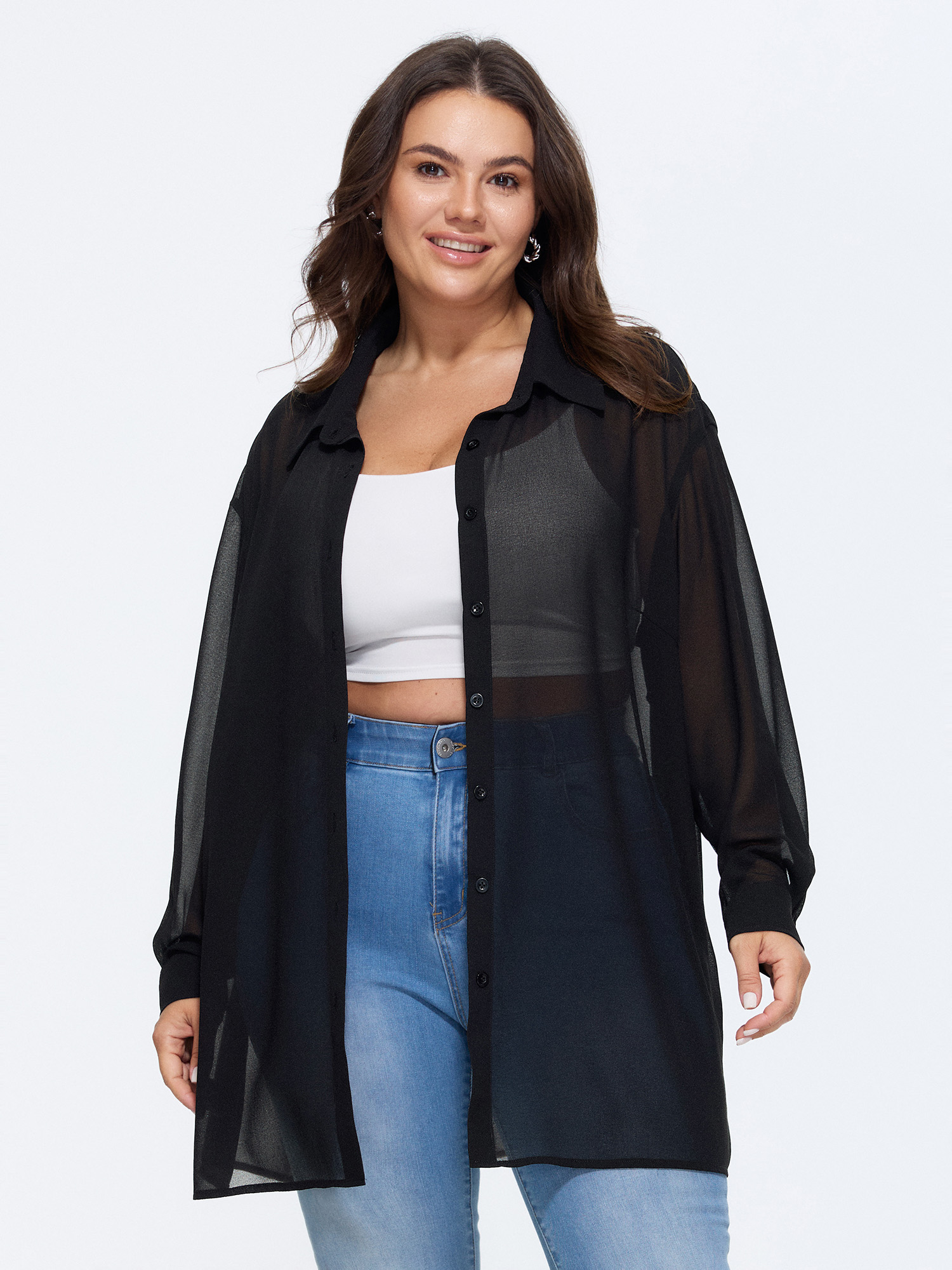 Bloomchic Breathable Sheer Button-down Shirt In Black