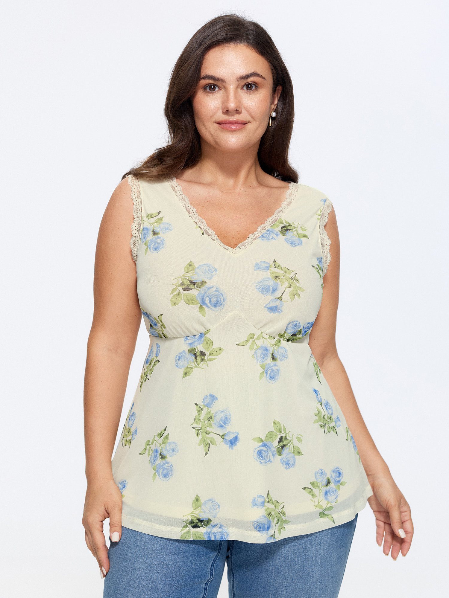 Bloomchic Floral Print Lace Neckline Sleeveless Tank Top In Beige