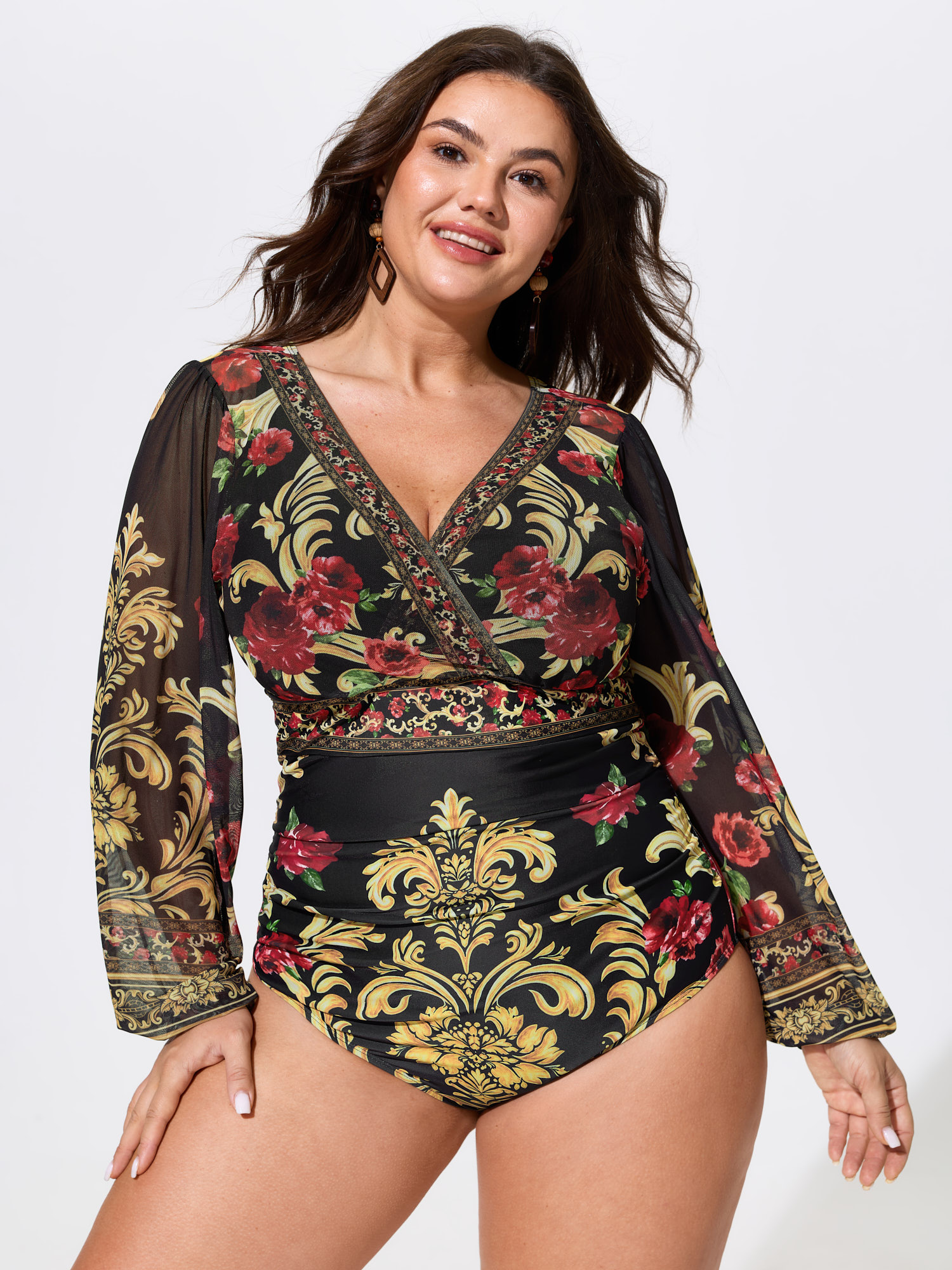 Bloomchic Sheer Floral Print Full-coverage One-piece Swim In Black