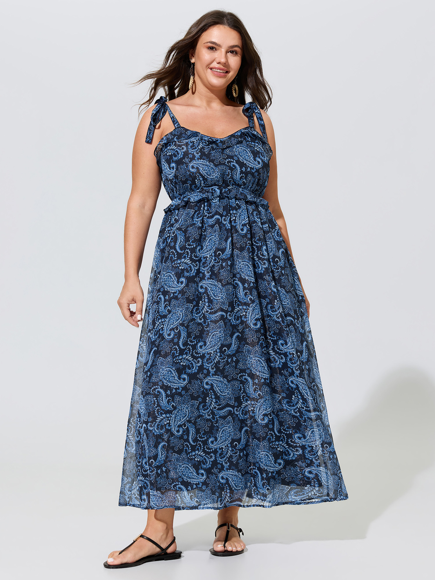 Bloomchic Paisley Print Shoulder-tie Ruffled Maxi Dress In Darkblue